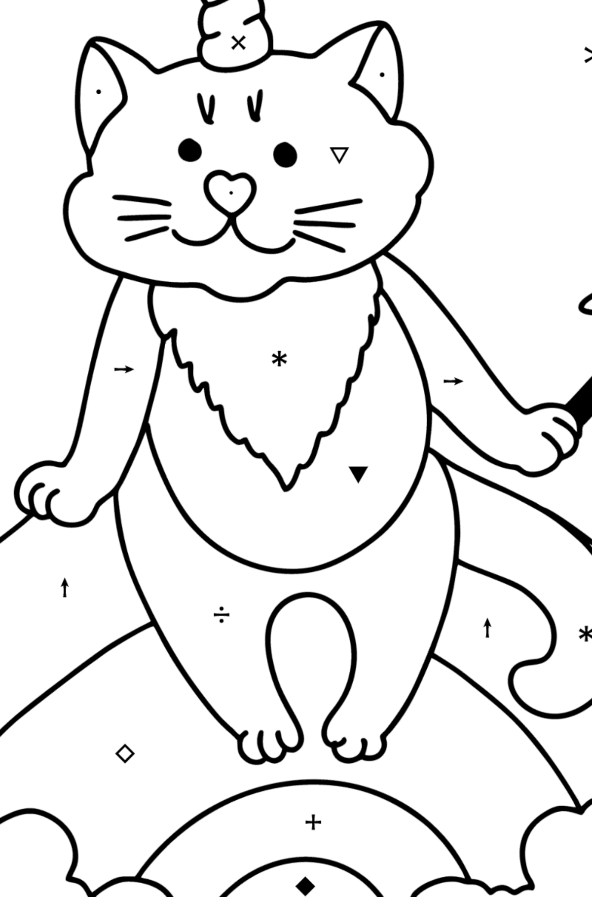 Ausmalbild Kätzchen Einhorn - Ausmalen nach Symbolen für Kinder