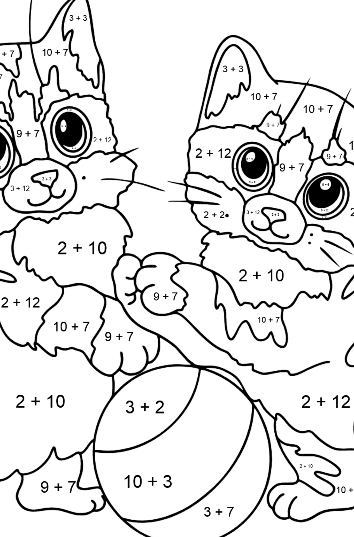 Målarbild kattungar med boll (svår) - Matematik Färgläggning - Addition För barn