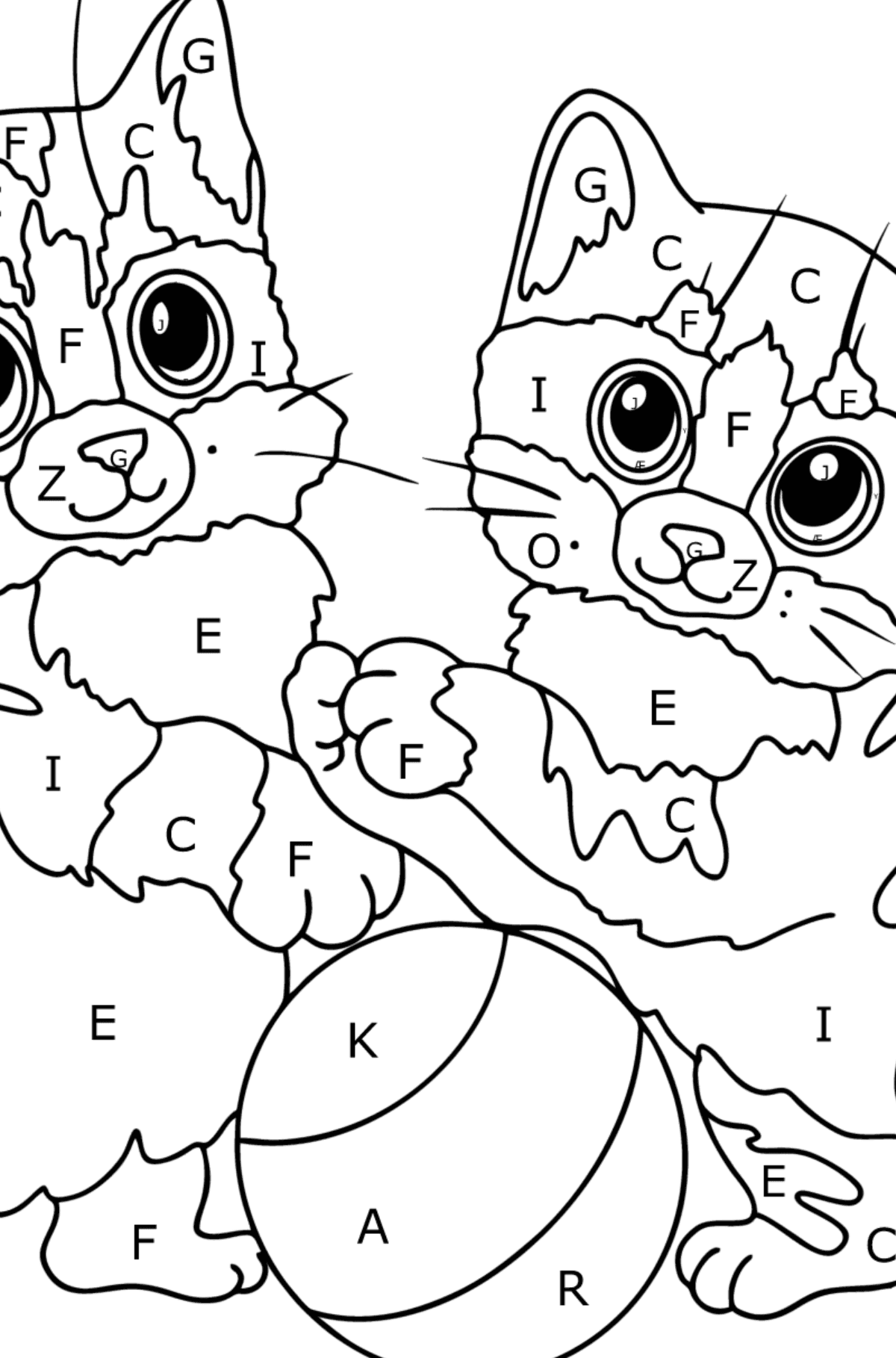 Tegning til fargelegging kattunger med ball (vanskelig) - Fargelegge etter bokstaver for barn