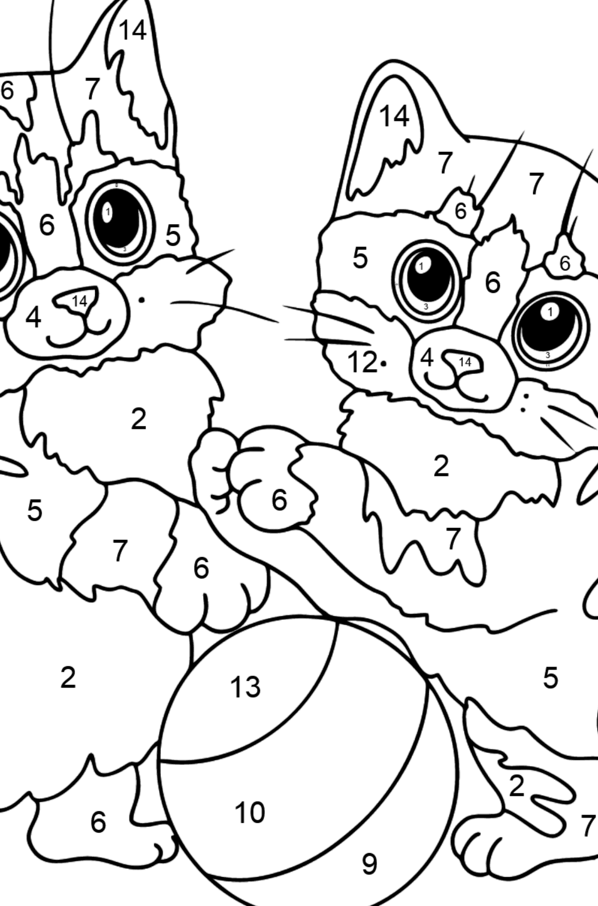 Tegning til fargelegging kattunger med ball (vanskelig) - Fargelegge etter numre for barn