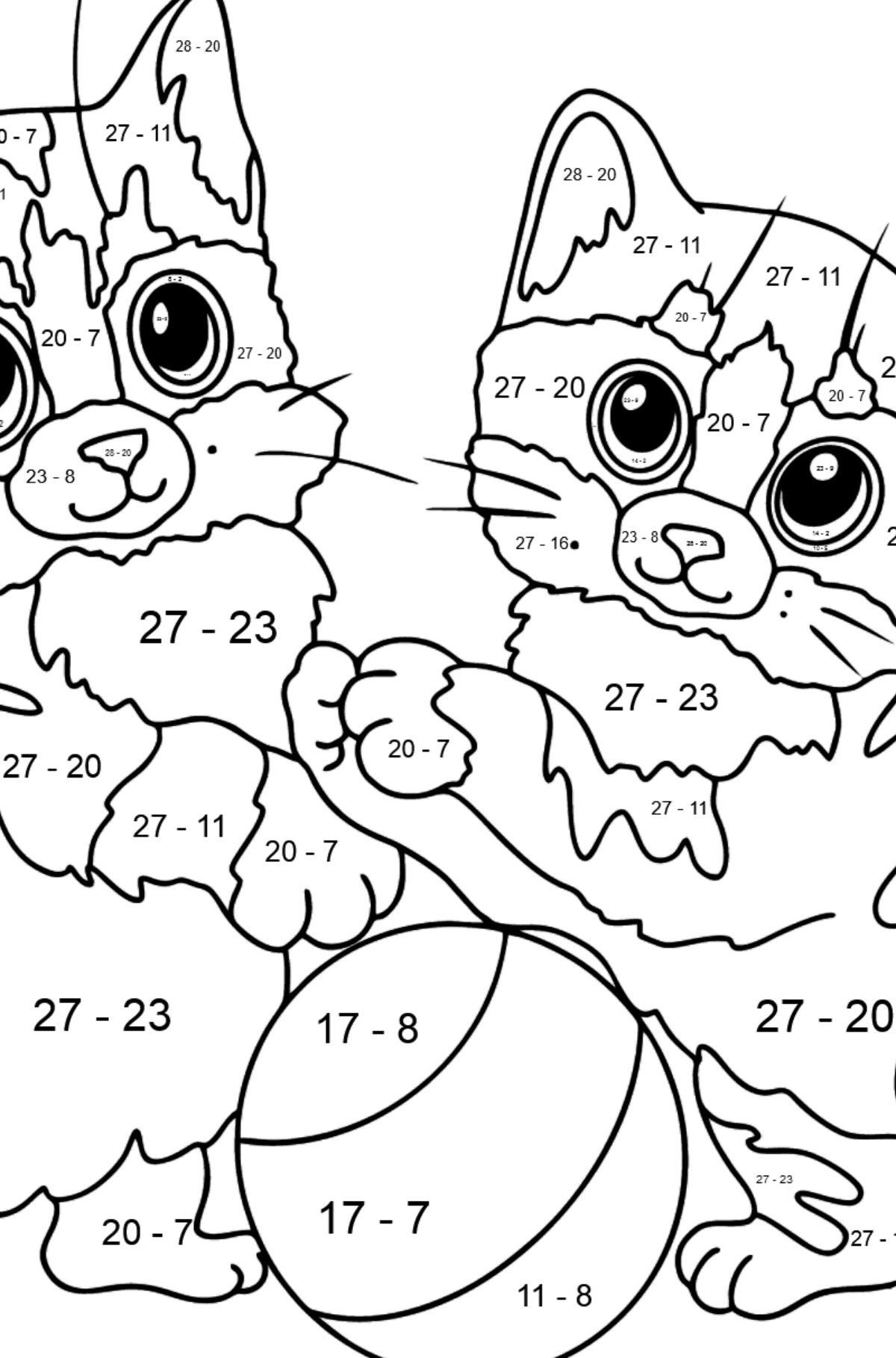 Målarbild kattungar med boll (svår) - Matematik Färgläggning - Subtraktion För barn