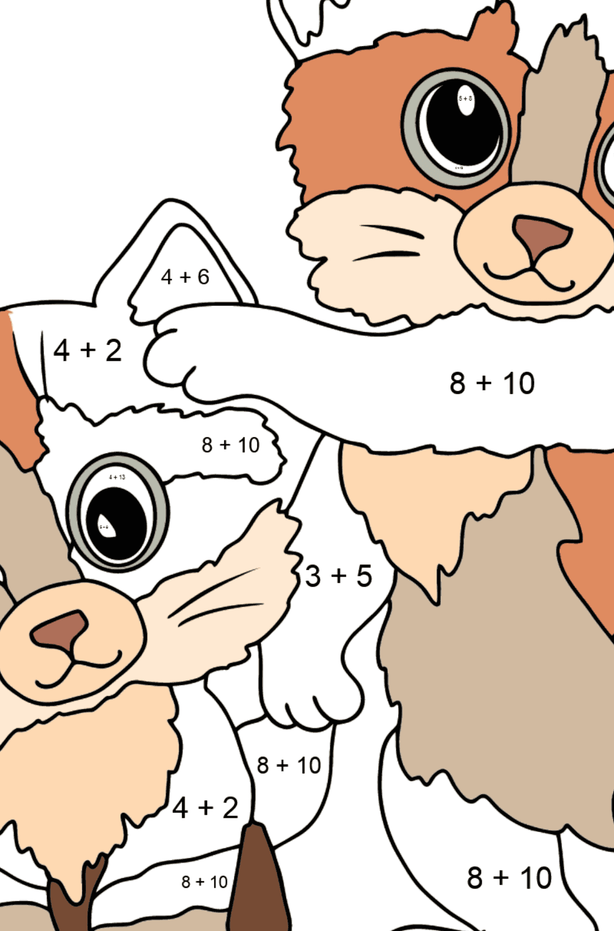 Tegning til fargelegging kattunger med sommerfugl (vanskelig) - Matematisk fargeleggingsside - addisjon for barn