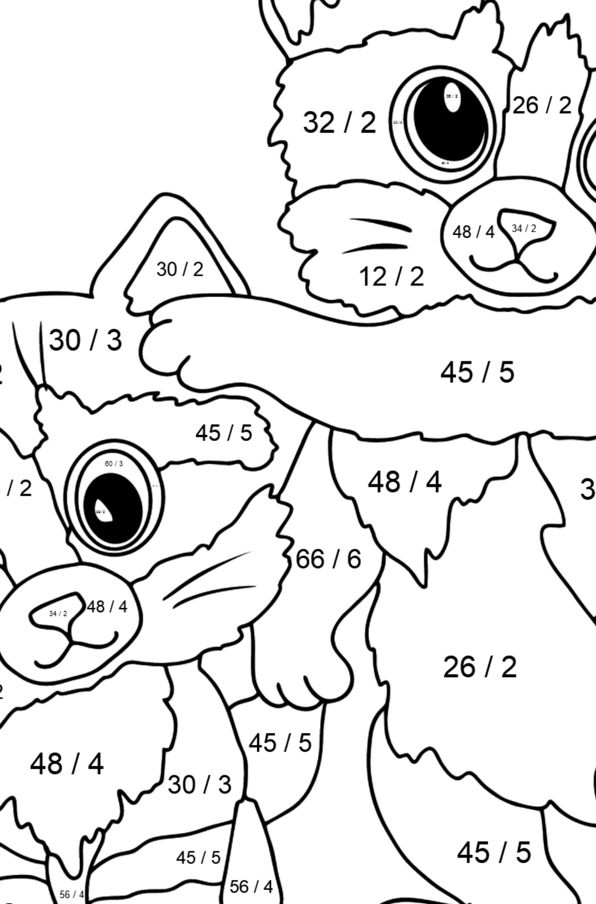 Tegning til fargelegging kattunger med sommerfugl (vanskelig) - Matematisk fargeleggingsside - divisjon for barn