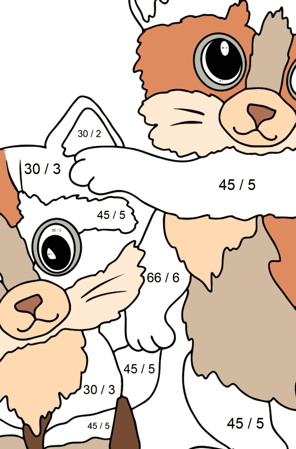 Tegning til fargelegging kattunger med sommerfugl (vanskelig) - Matematisk fargeleggingsside - divisjon for barn