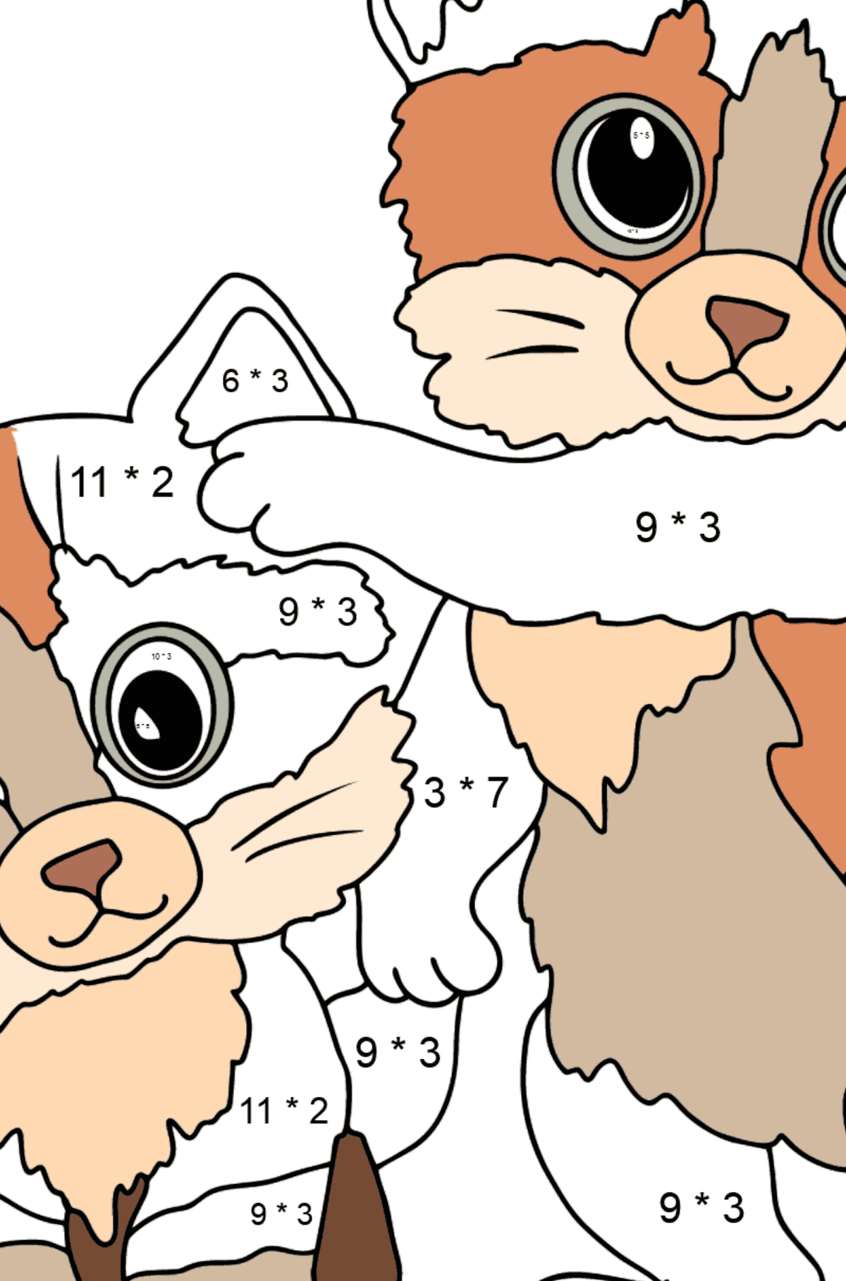 Tegning til fargelegging kattunger med sommerfugl (vanskelig) - Matematisk fargeleggingsside - multiplisering for barn