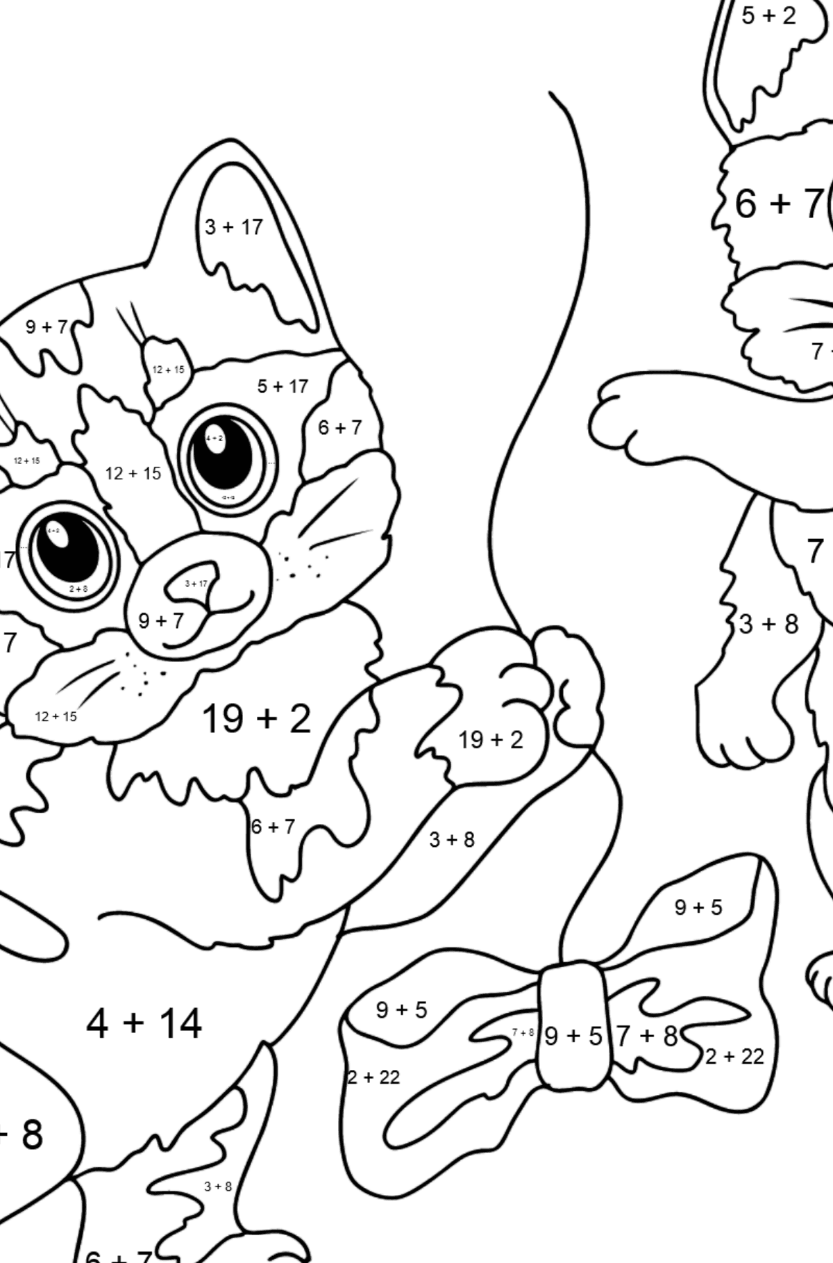 Tegning til fargelegging fine kattunger (vanskelig) - Matematisk fargeleggingsside - addisjon for barn