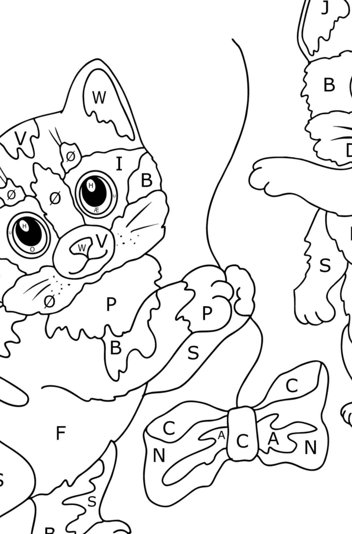 Tegning til fargelegging fine kattunger (vanskelig) - Fargelegge etter bokstaver for barn