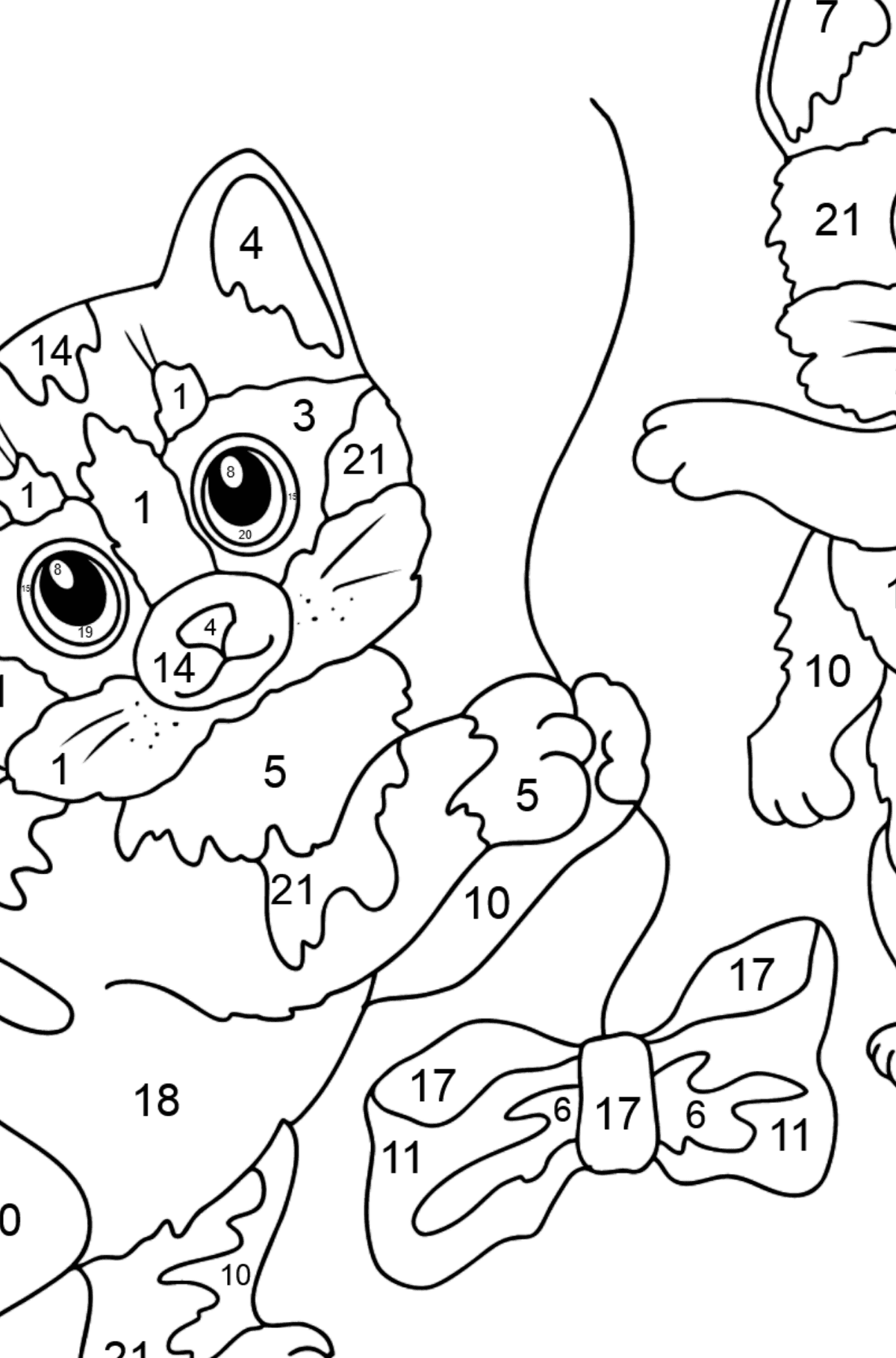 Tegning til fargelegging fine kattunger (vanskelig) - Fargelegge etter numre for barn