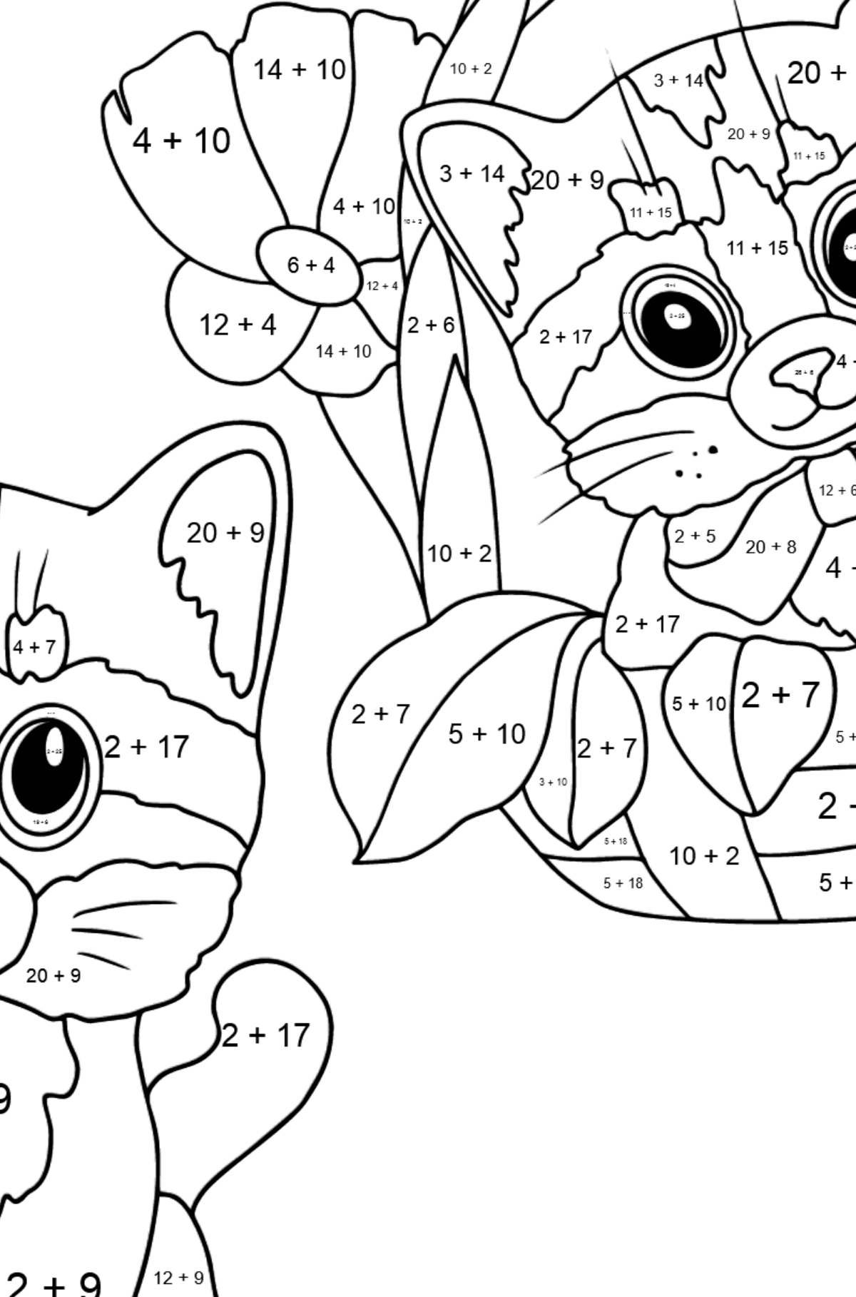 Забарвлення милі кошенята - Математична Розмальовка Додавання для дітей