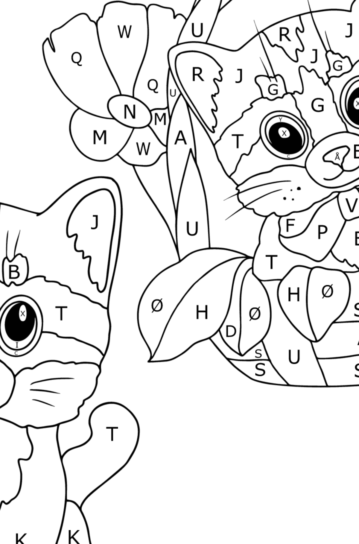 Tegning til fargelegging små kattunger (vanskelig) - Fargelegge etter bokstaver for barn