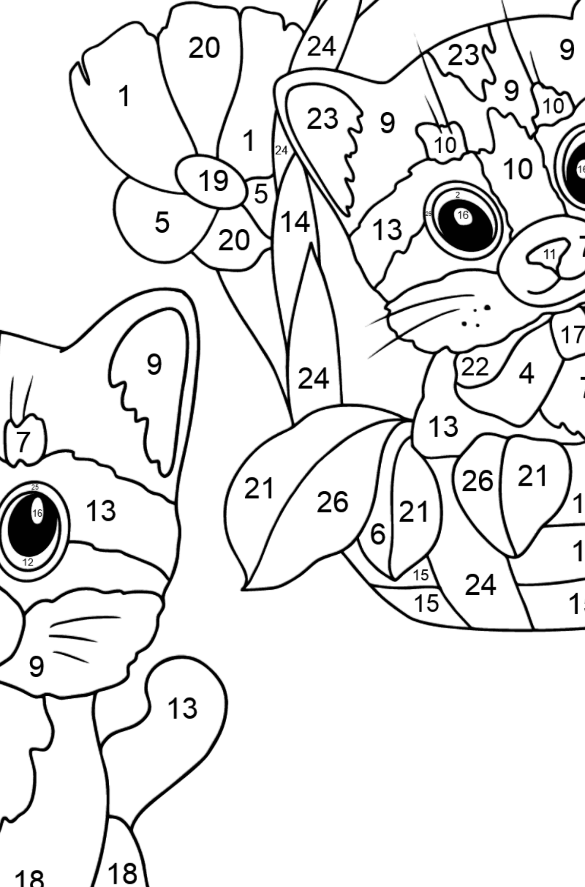 Tegning til fargelegging små kattunger (vanskelig) - Fargelegge etter numre for barn