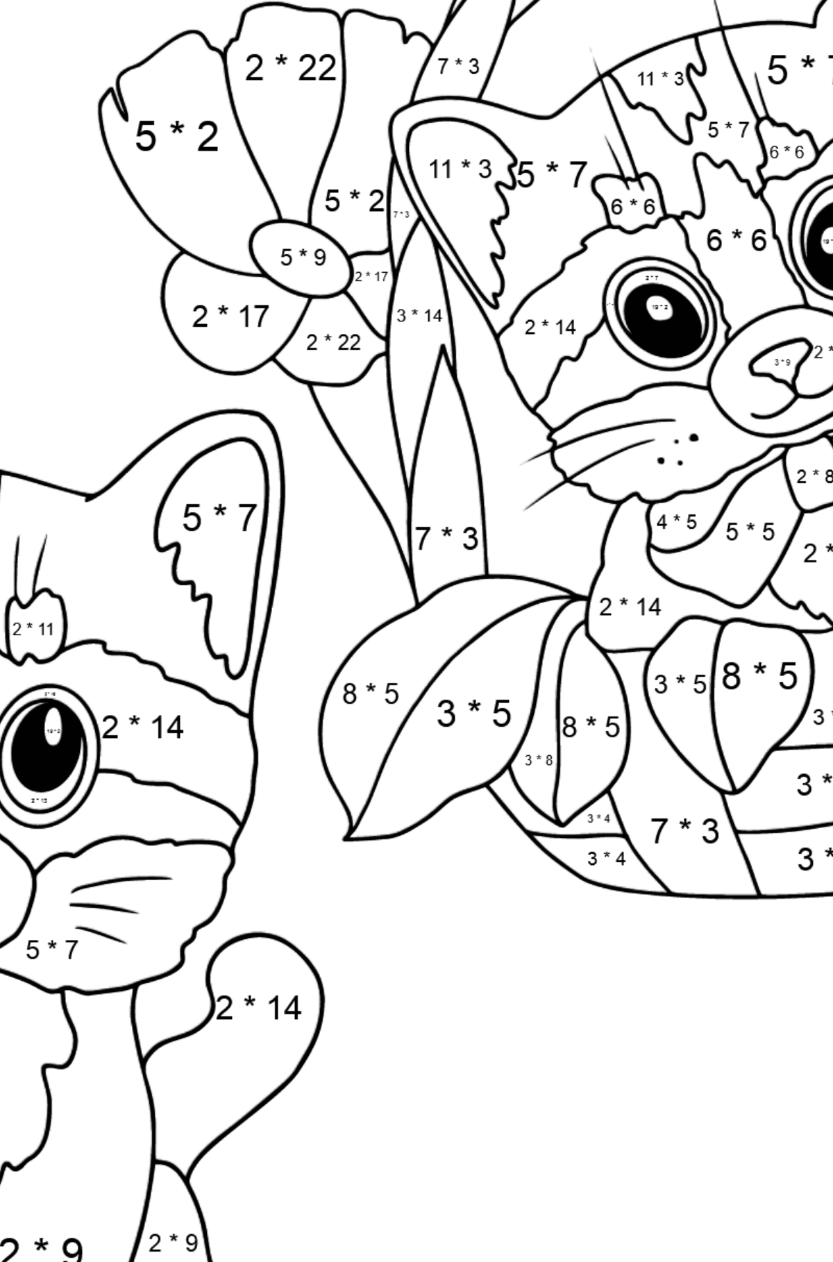 Tegning til fargelegging små kattunger (vanskelig) - Matematisk fargeleggingsside - multiplisering for barn