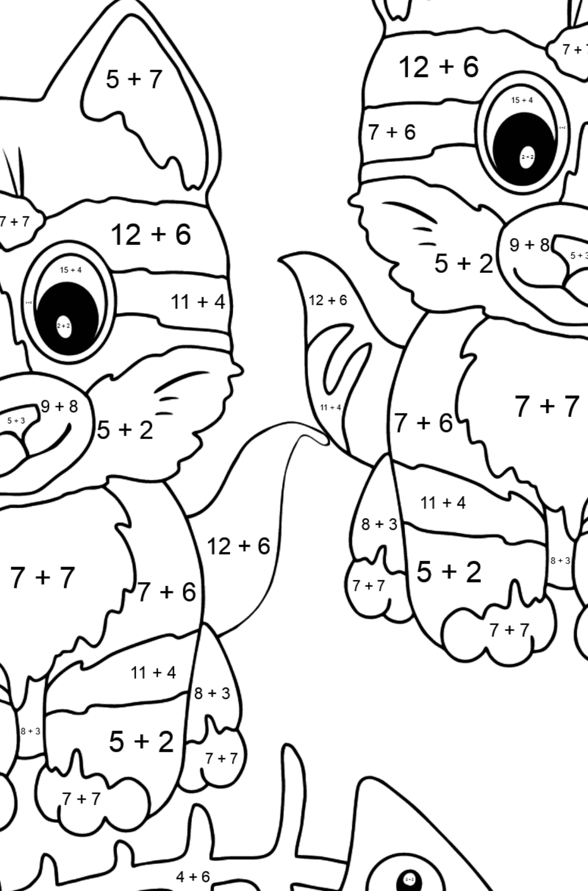 Розмальовка кошенята та рибна кісточка - Математична Розмальовка Додавання для дітей