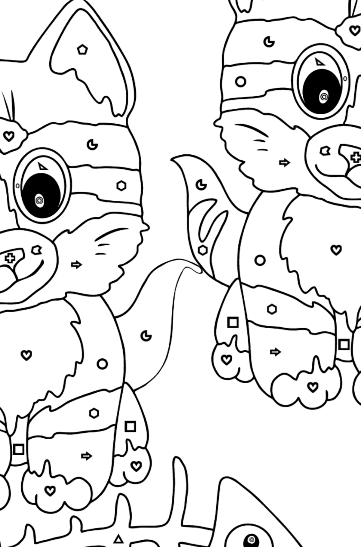Розмальовка кошенята та рибна кісточка - Розмальовки за геометричними фігурами для дітей