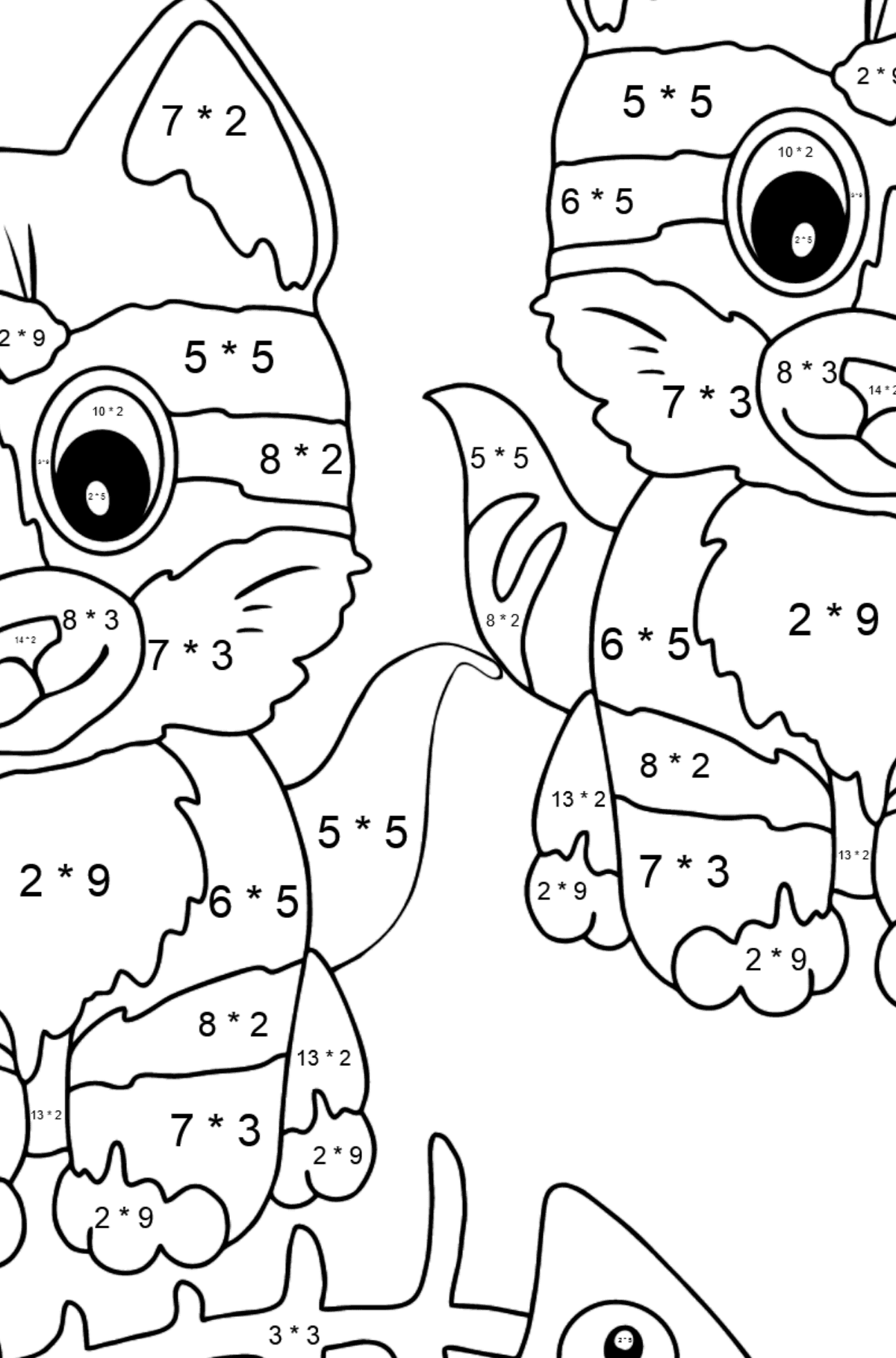 Розмальовка кошенята та рибна кісточка - Математична Розмальовка Множення для дітей