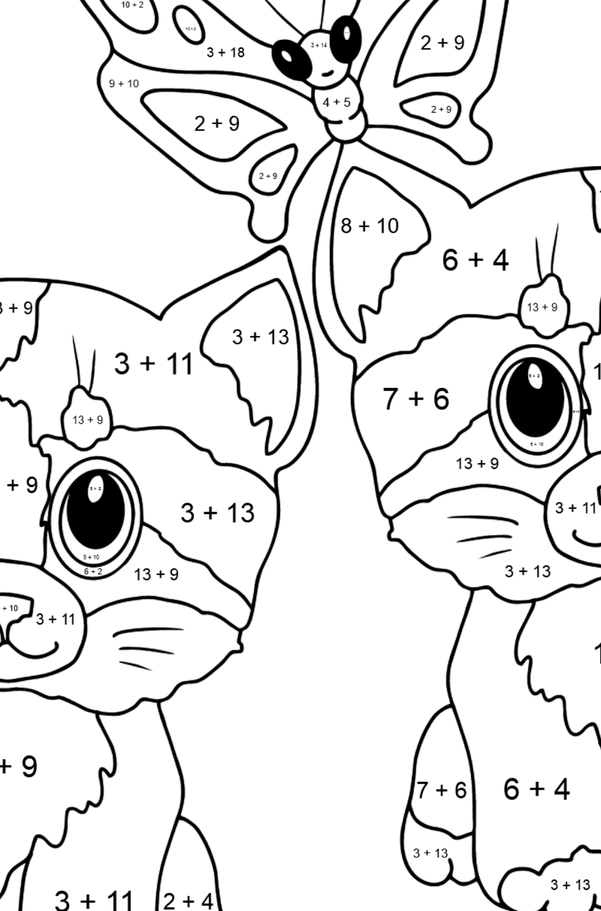 Kolorowanka słodkie kociaki dla małych dzieci - Kolorowanki matematyczne dodawanie dla dzieci