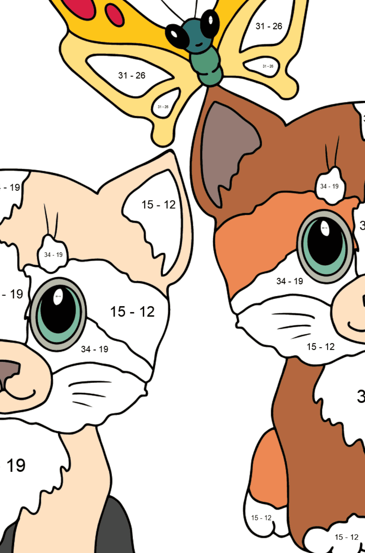 Tegning til fargelegging milde kattunger (vanskelig) - Matematisk fargeleggingsside - trekking for barn