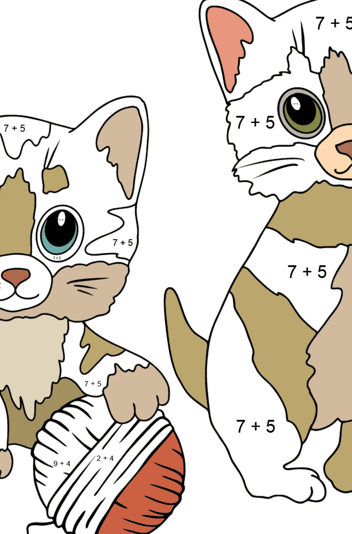 Tegning til fargelegging morsomme kattunger (vanskelig) - Matematisk fargeleggingsside - addisjon for barn