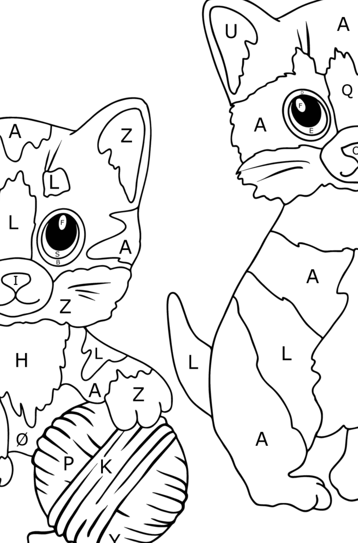 Tegning til fargelegging morsomme kattunger (vanskelig) - Fargelegge etter bokstaver for barn