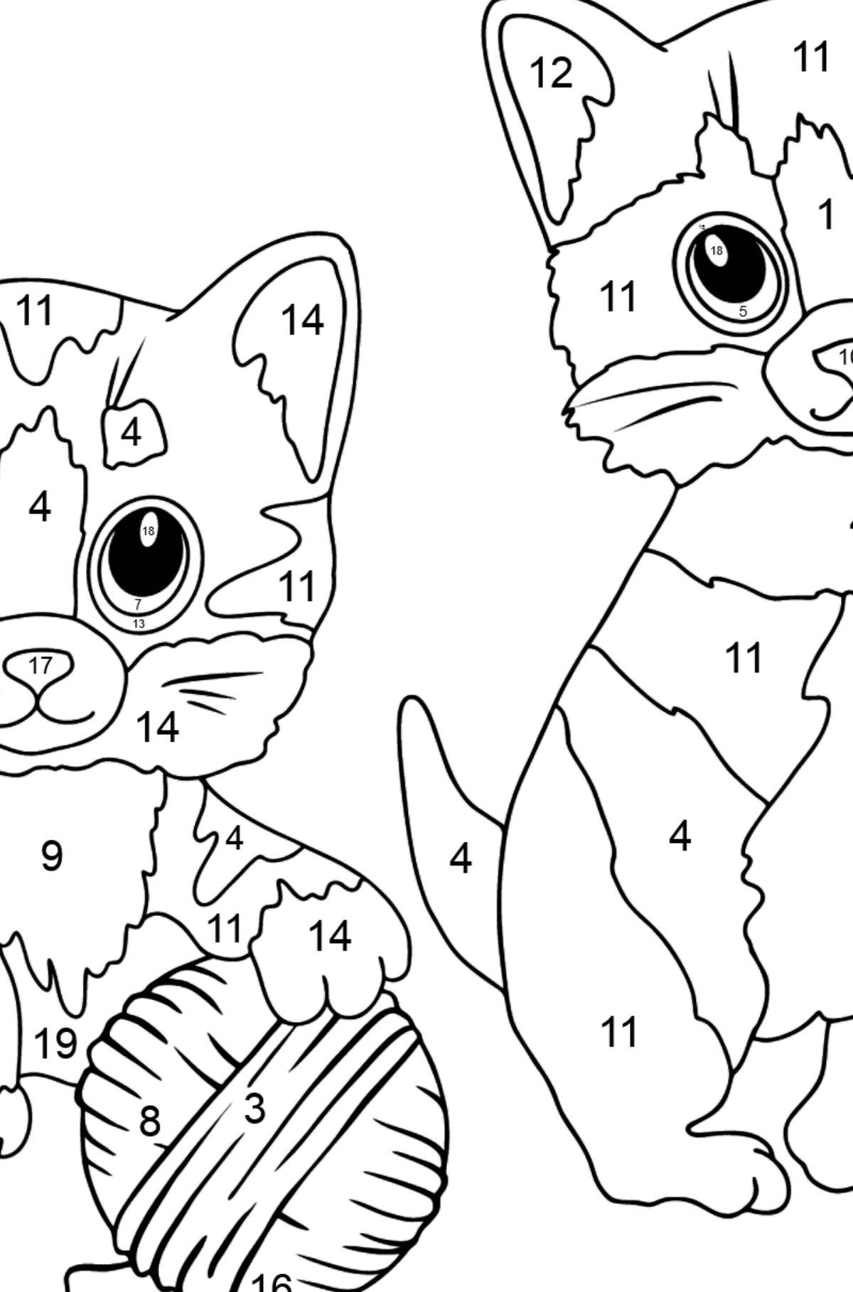 Tegning til fargelegging morsomme kattunger (vanskelig) - Fargelegge etter numre for barn
