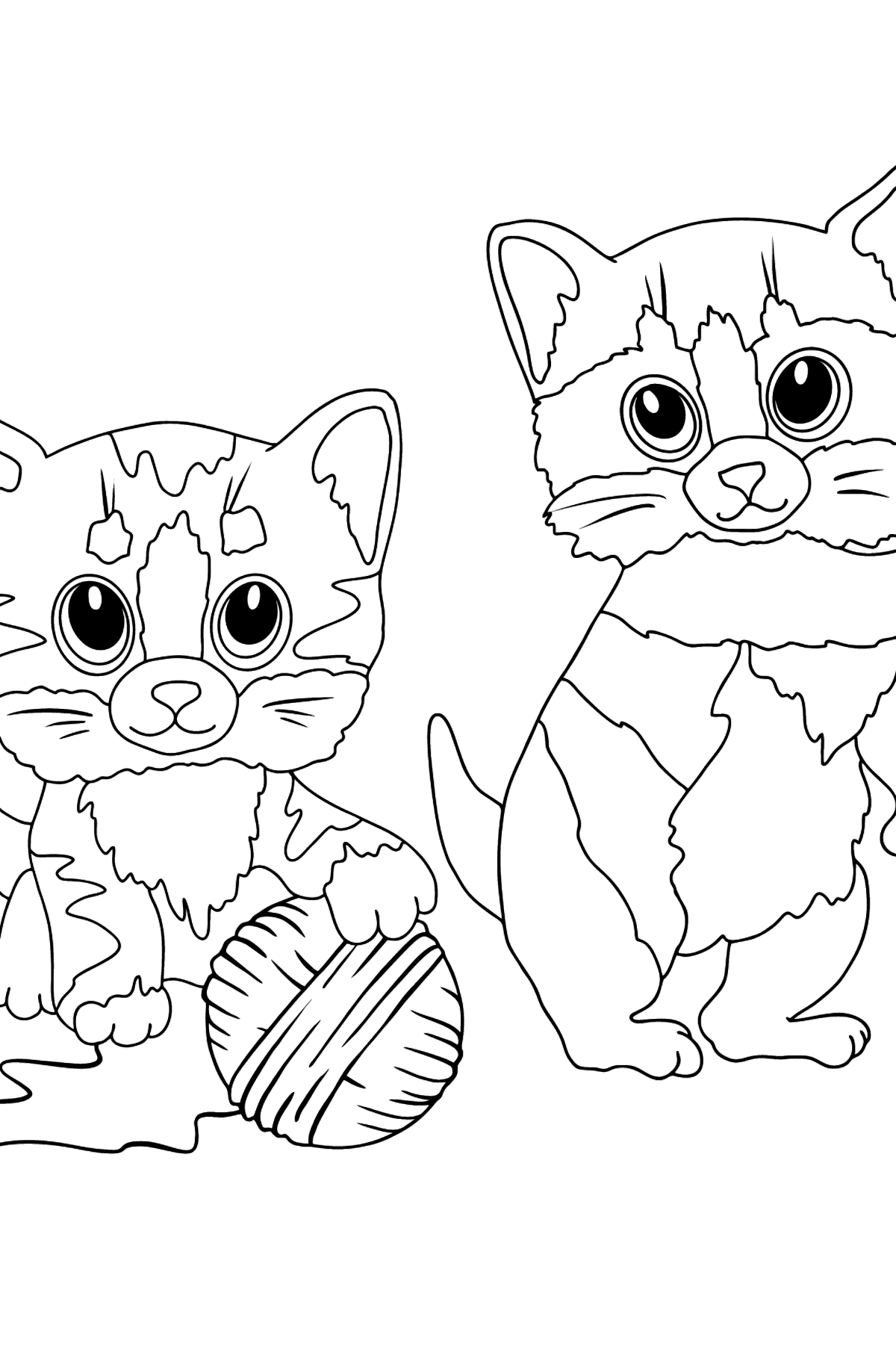 Disegno da colorare di gattini e un gomitolo di filo - Disegni da colorare per bambini