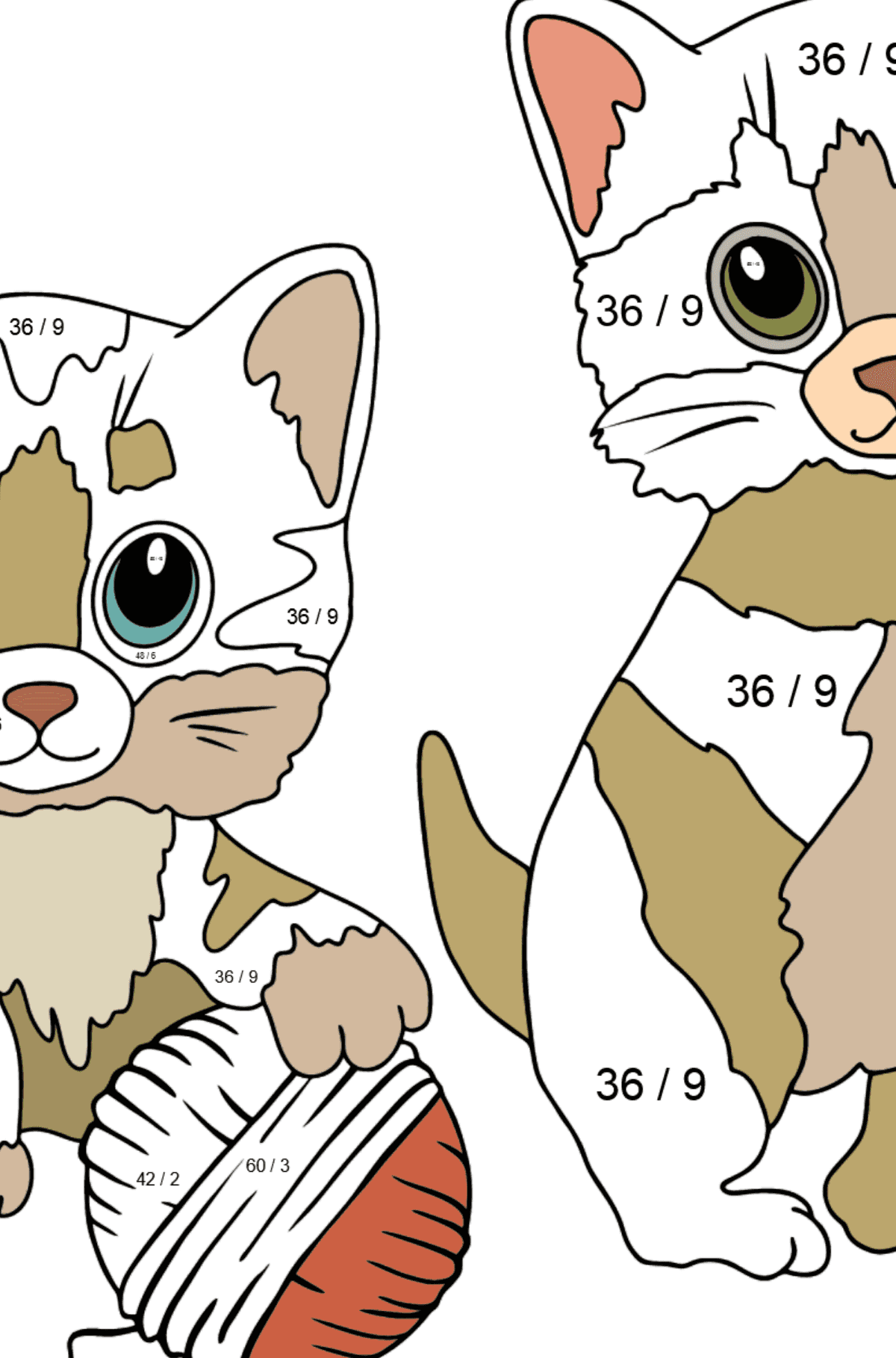 Tegning til fargelegging morsomme kattunger (vanskelig) - Matematisk fargeleggingsside - divisjon for barn