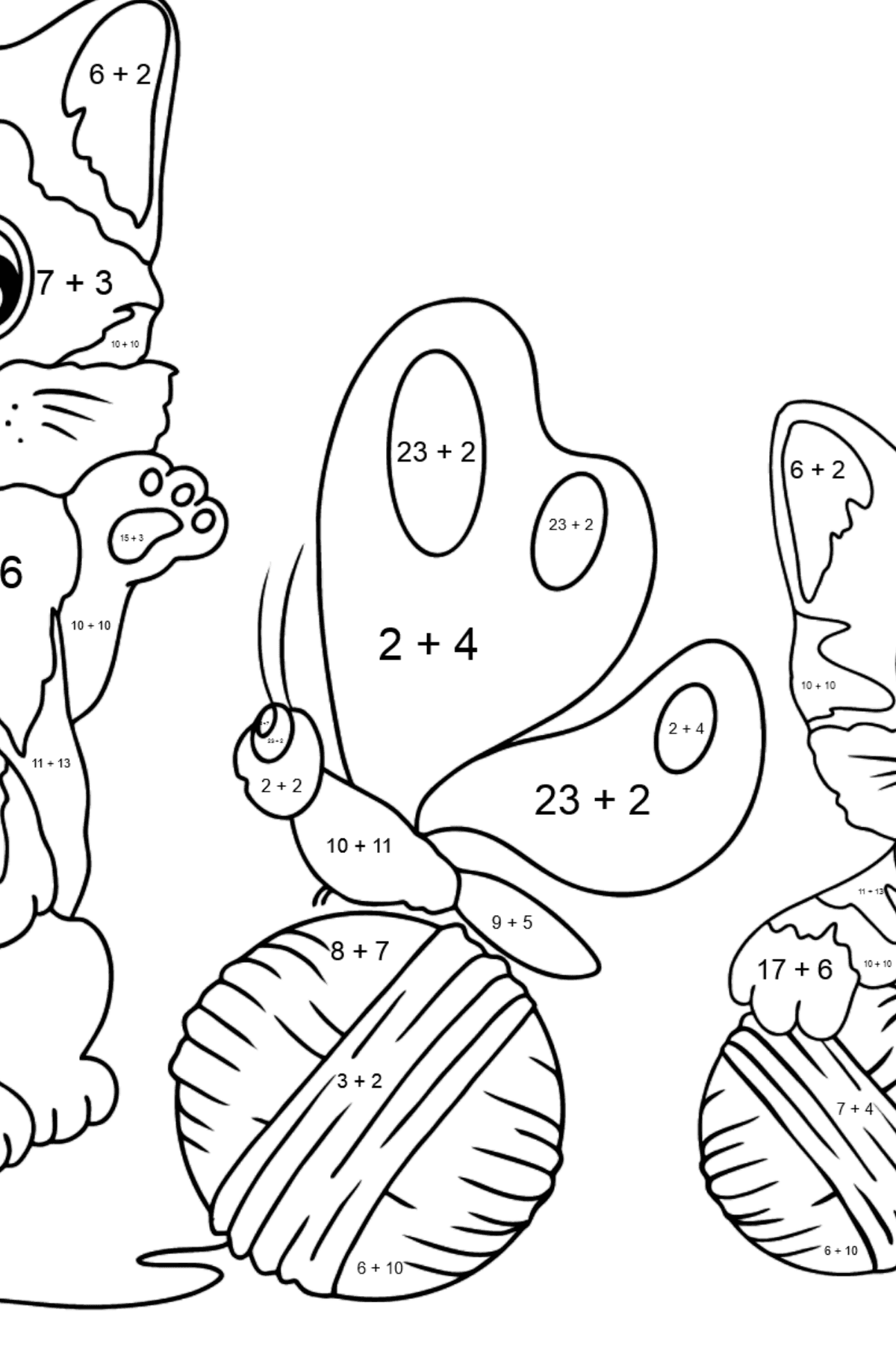 Розмальовка кошенята з клубком ниток - Математична Розмальовка Додавання для дітей
