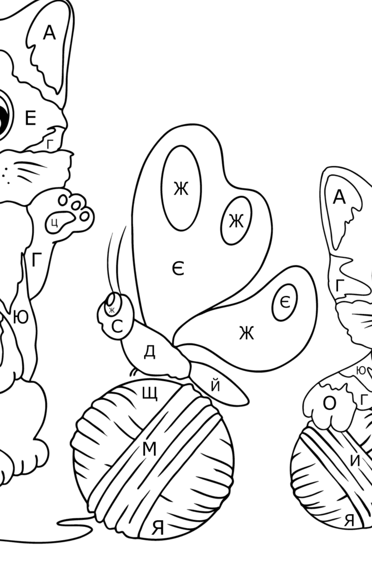 Розмальовка кошенята з клубком ниток - Розмальовки за літерами для дітей