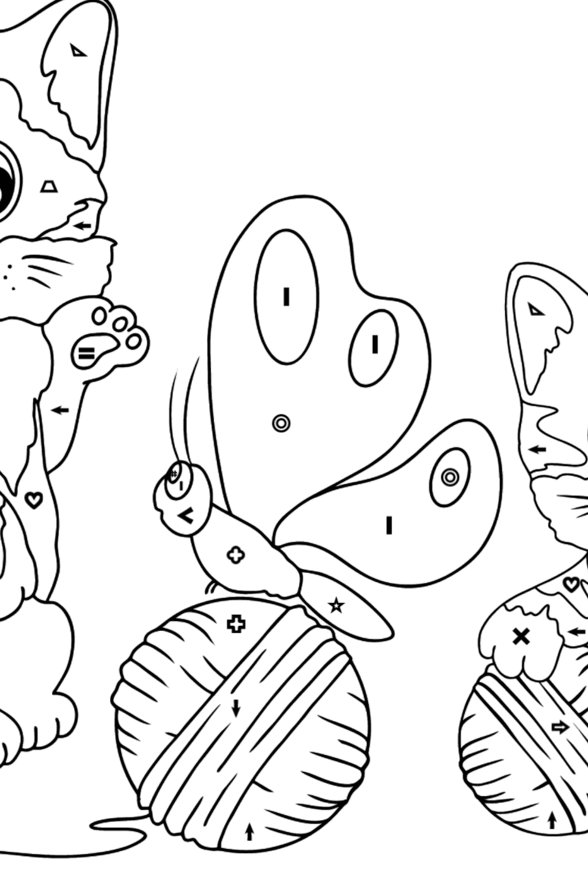 Tegning til fargelegging glade kattunger (vanskelig) - Fargelegge etter symboler og geometriske former for barn