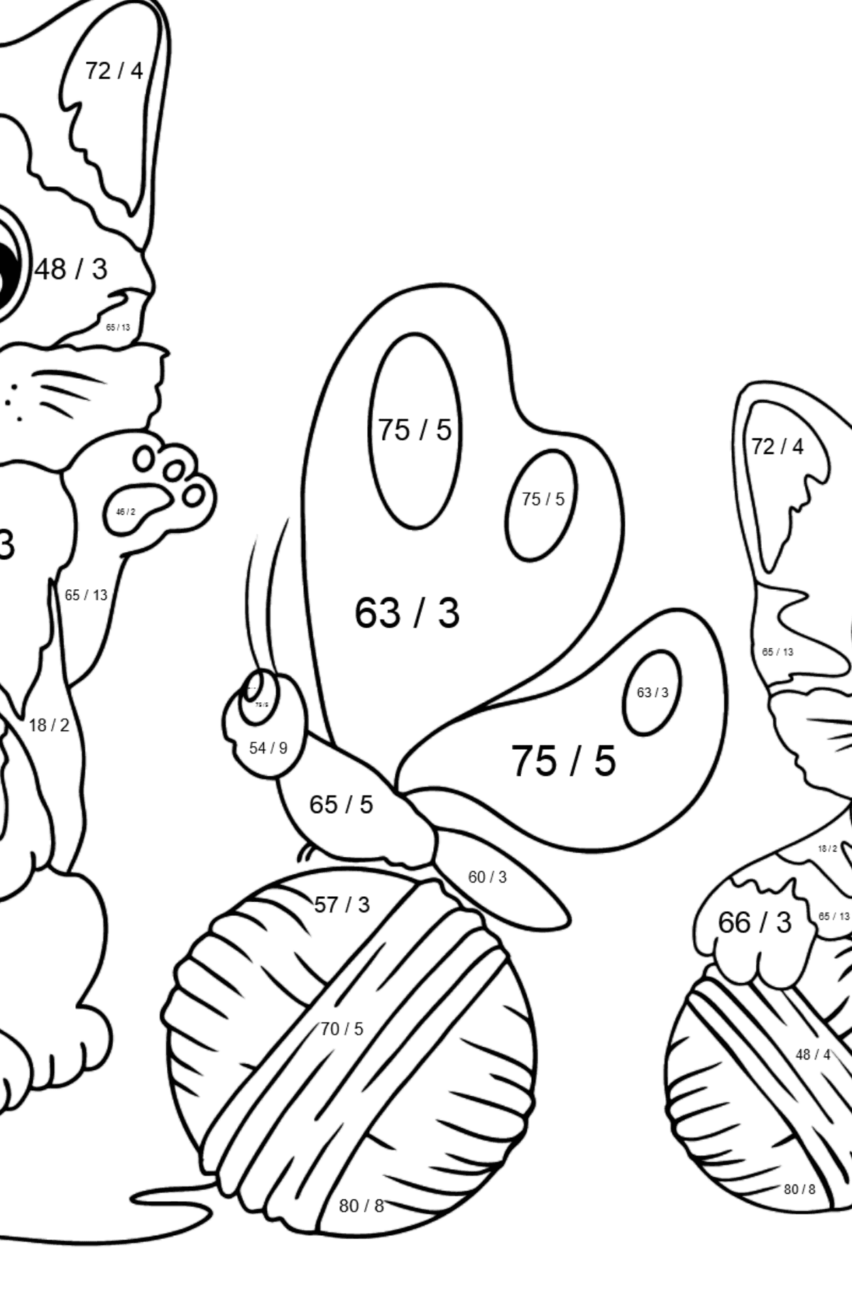 Tegning til fargelegging glade kattunger (vanskelig) - Matematisk fargeleggingsside - divisjon for barn