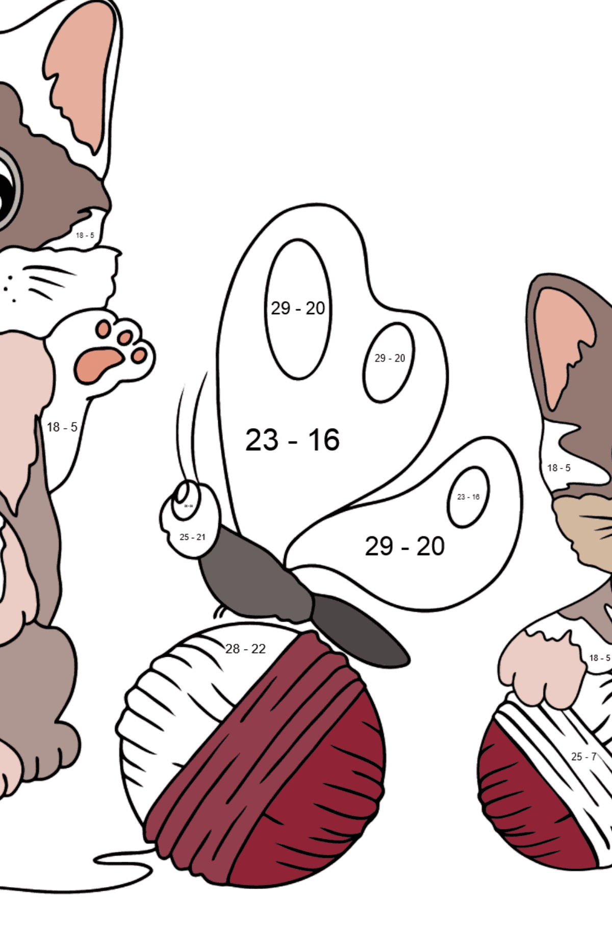 Coloriage - Chatons avec une boule de fil - Coloriage Magique Soustraction pour les Enfants