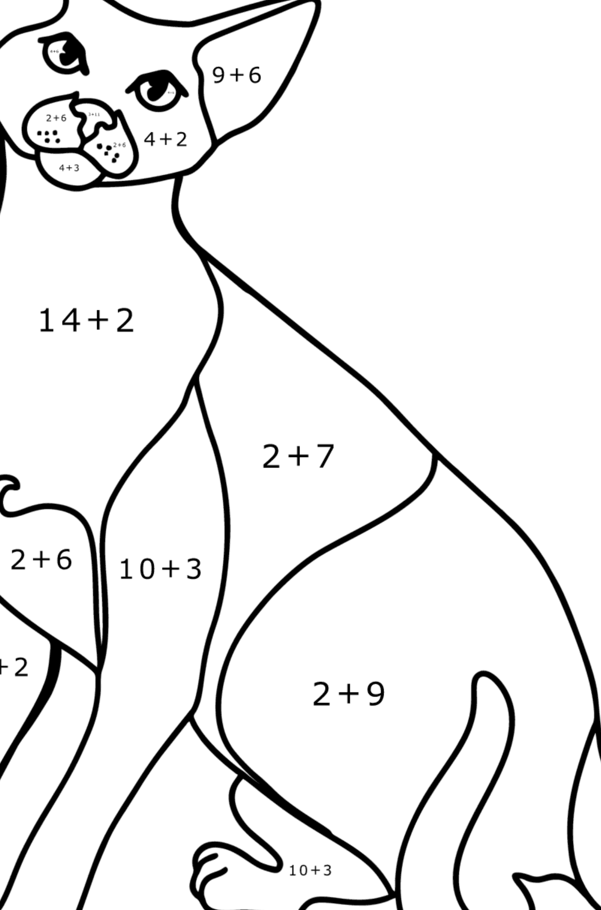 Tegning til fargelegging orientalsk korthåret katt - Matematisk fargeleggingsside - addisjon for barn