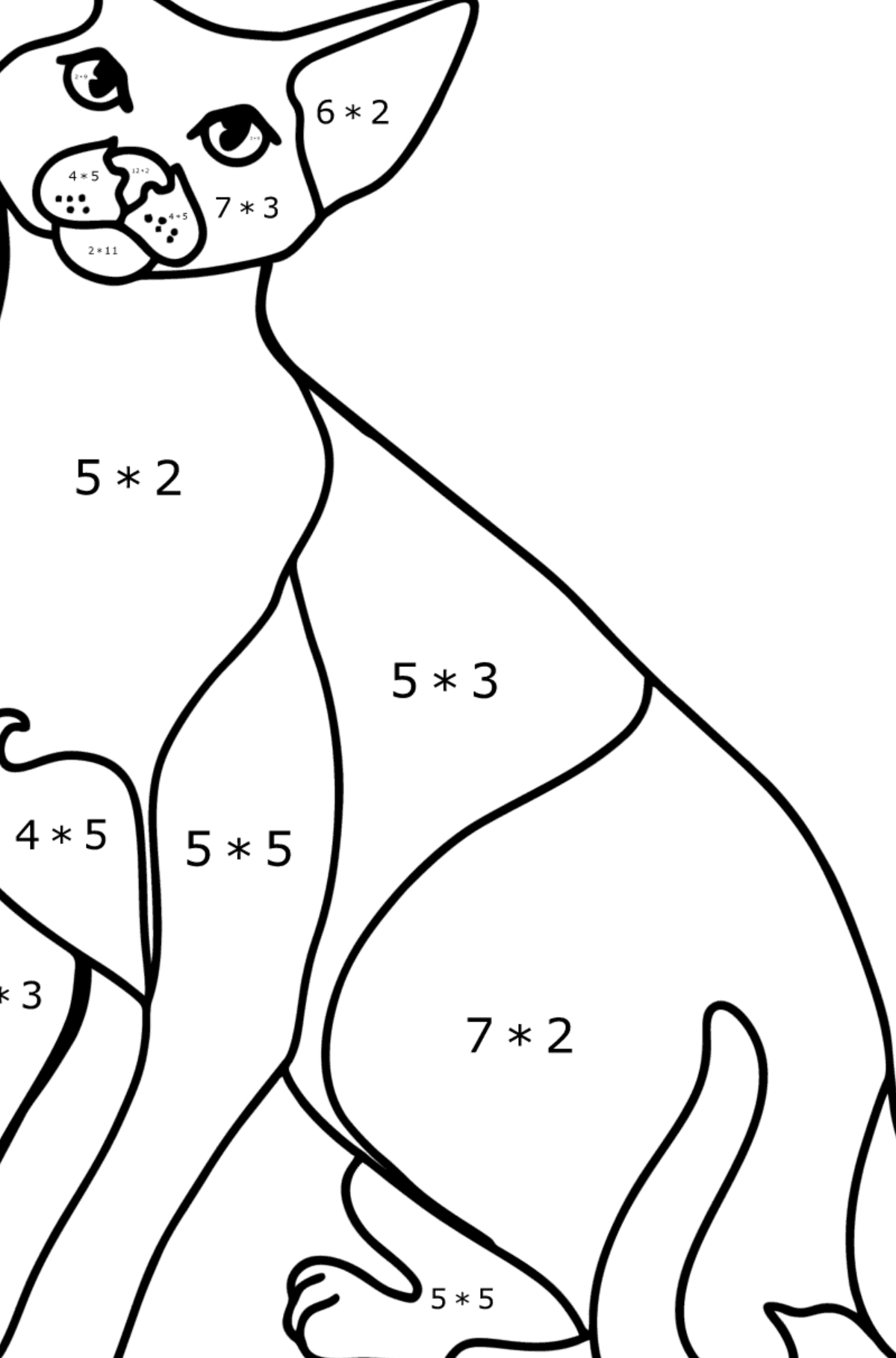 Disegno da colorare di Gatto orientale a pelo corto - Colorazione matematica - Moltiplicazione per bambini
