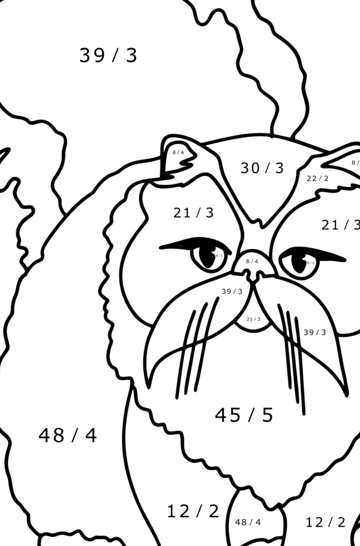 Tegning til fargelegging persisk katt - Matematisk fargeleggingsside - divisjon for barn