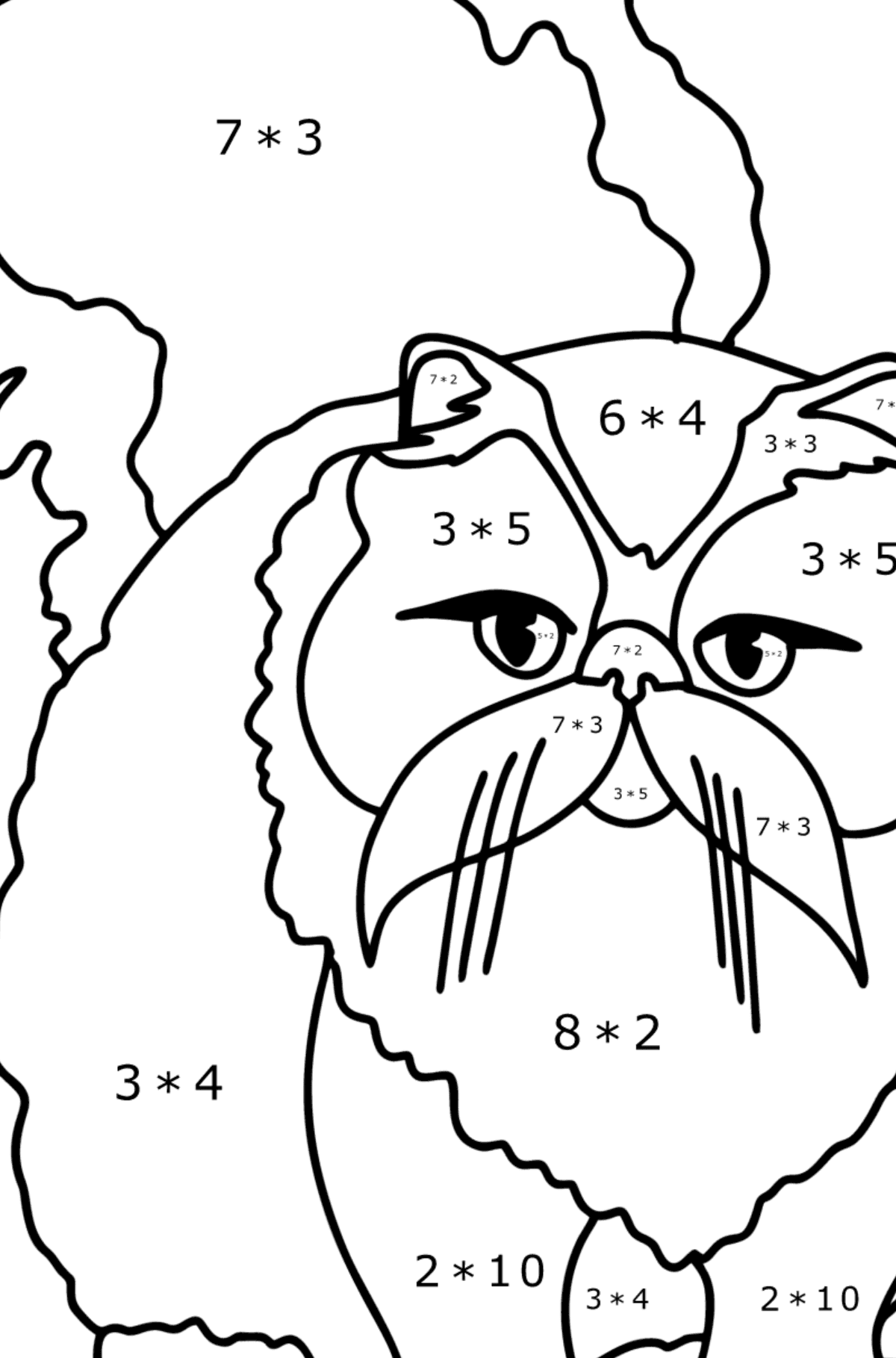 Tegning til fargelegging persisk katt - Matematisk fargeleggingsside - multiplisering for barn