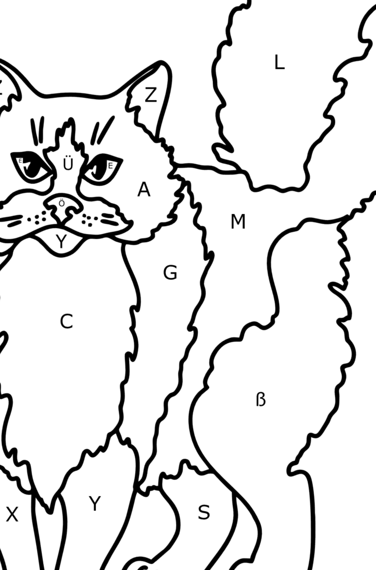 Ausmalbild Ragdoll-Katze - Ausmalen nach Buchstaben für Kinder