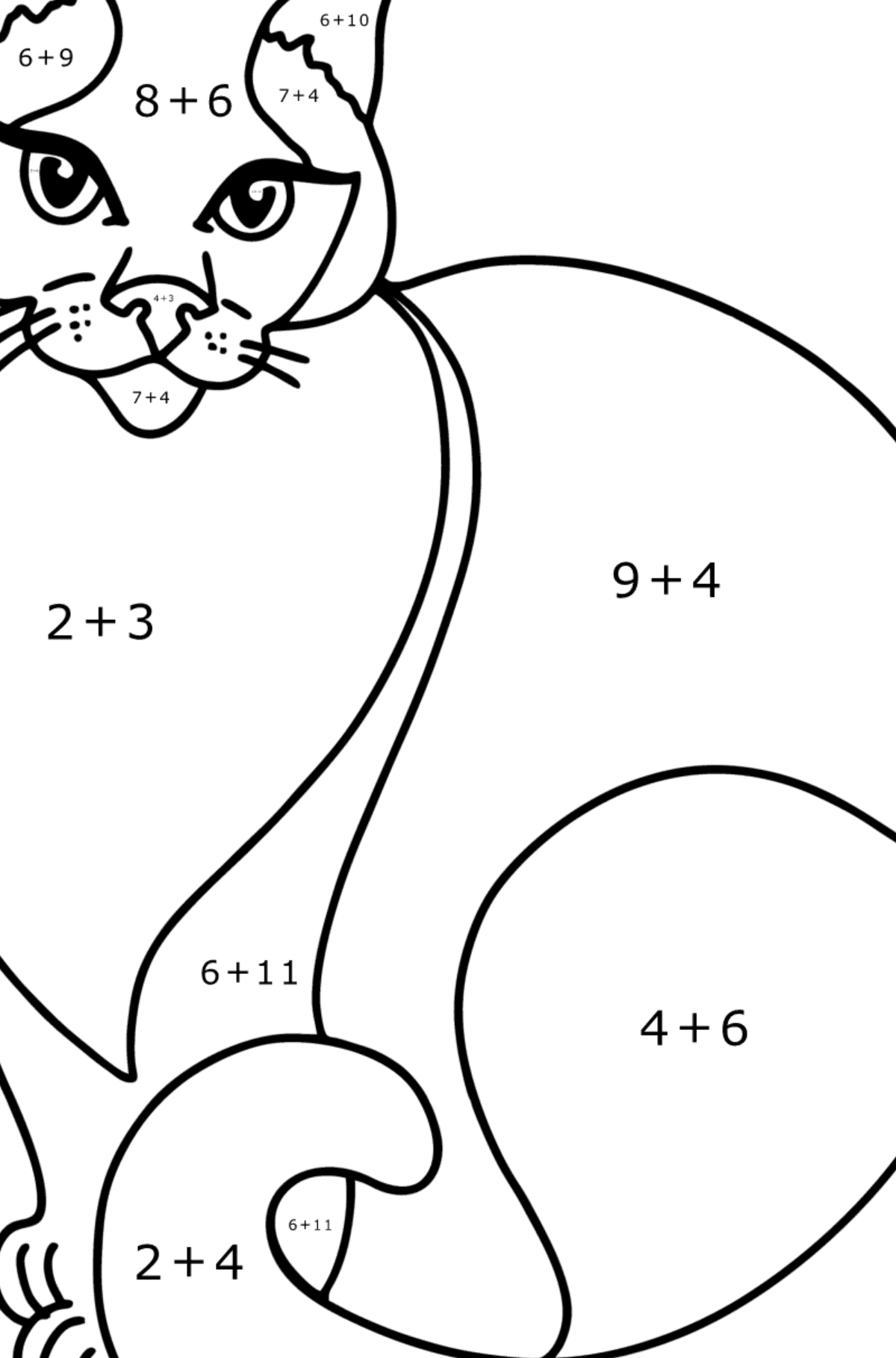 Disegno da colorare di Gatto siamese - Colorazione matematica - Addizione per bambini