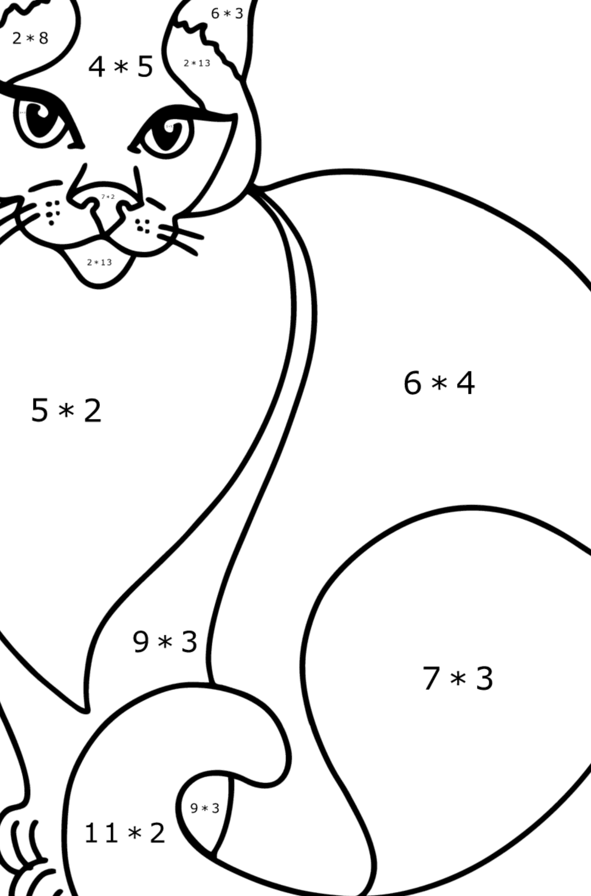Disegno da colorare di Gatto siamese - Colorazione matematica - Moltiplicazione per bambini