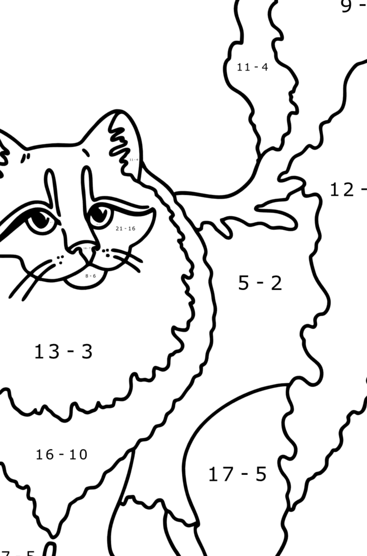 Ausmalbild Sibirische Katze - Mathe Ausmalbilder - Subtraktion für Kinder