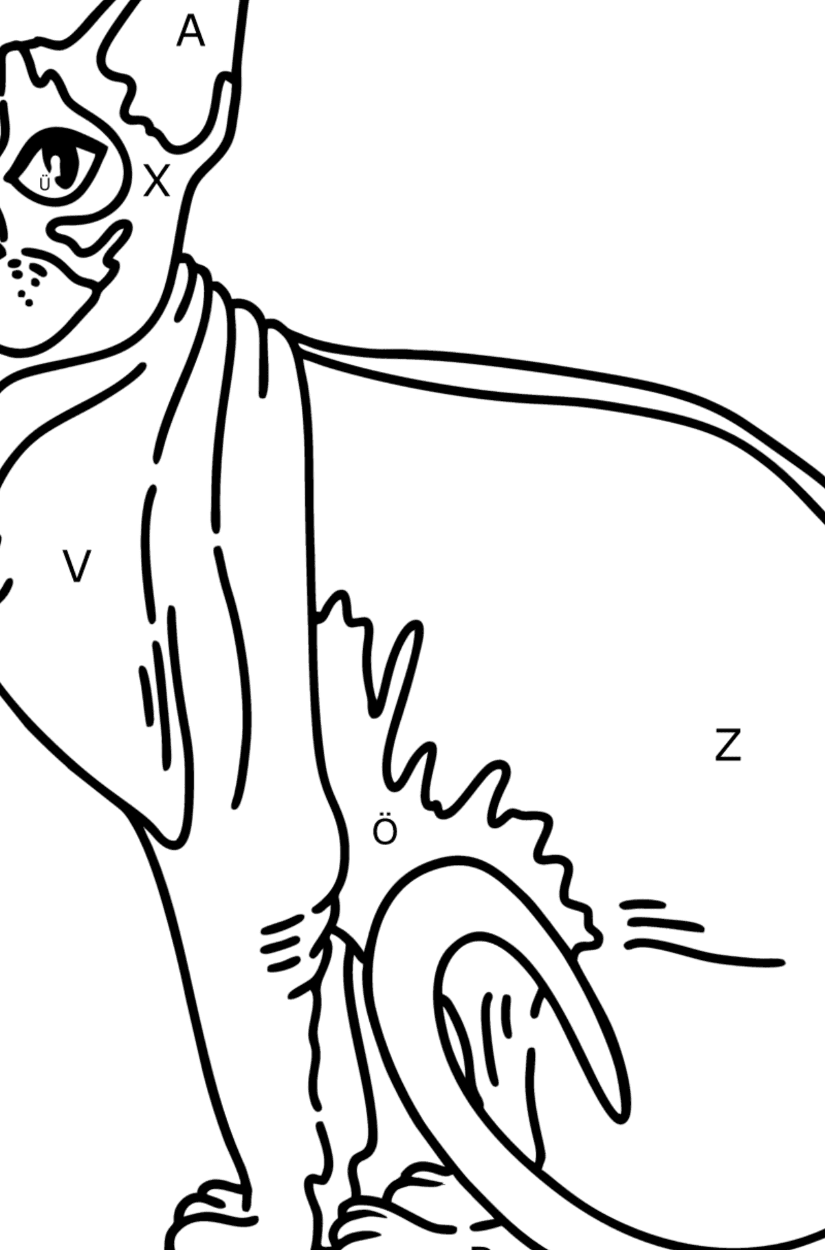 Ausmalbild Sphynx-Katze - Ausmalen nach Buchstaben für Kinder