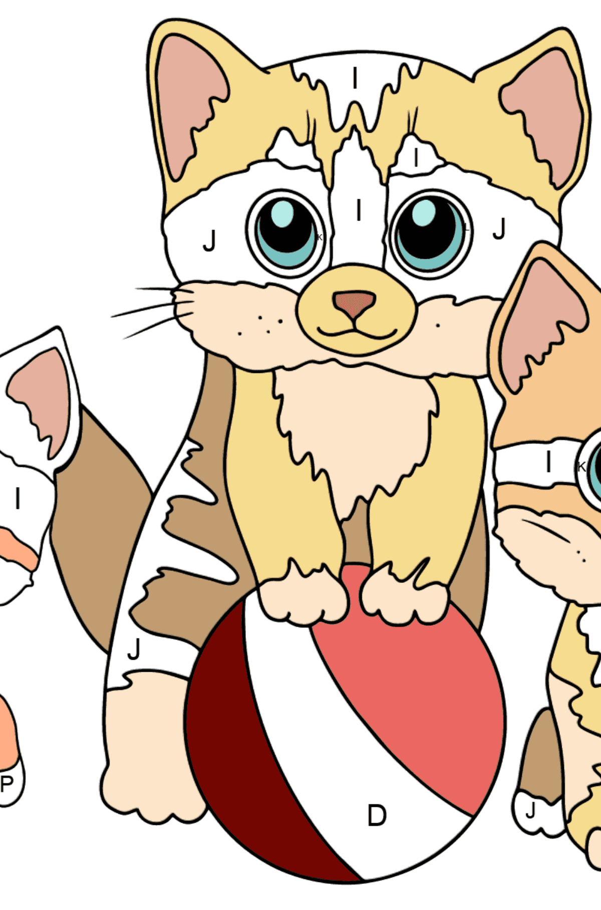 Coloriage - Trois chatons avec balle - Coloriage par Lettres pour les Enfants