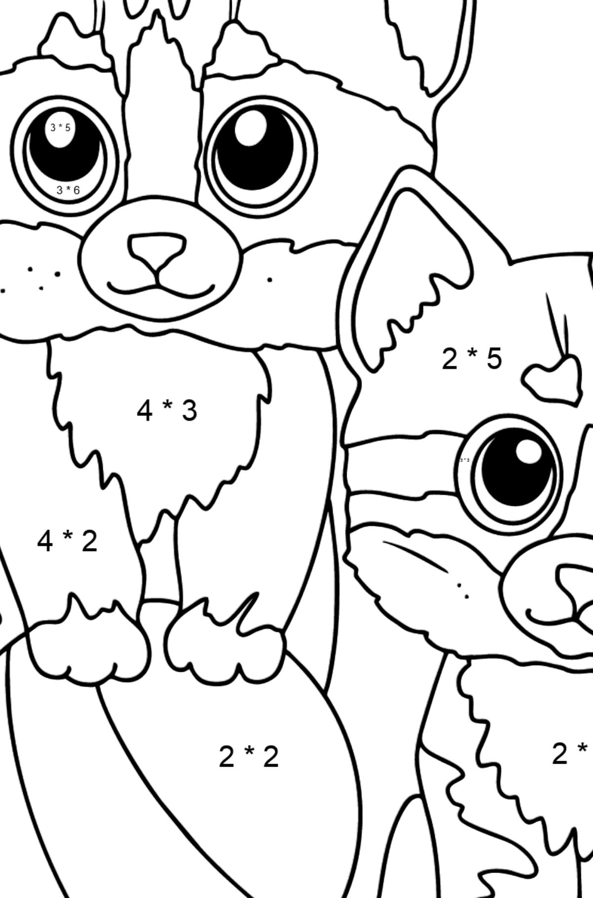 Disegno da colorare di due gattini per bambini - Colorazione matematica - Moltiplicazione per bambini
