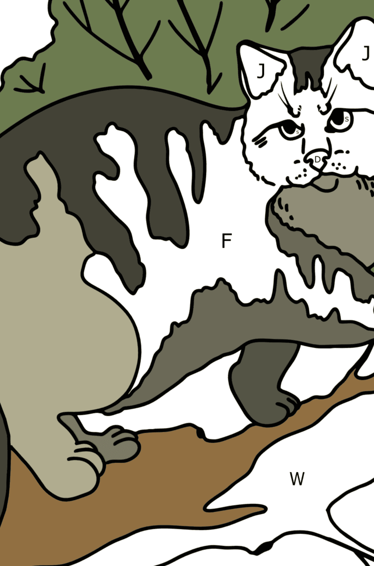 Desenho para colorir Wild Forest Cat - Colorir por Letras para Crianças