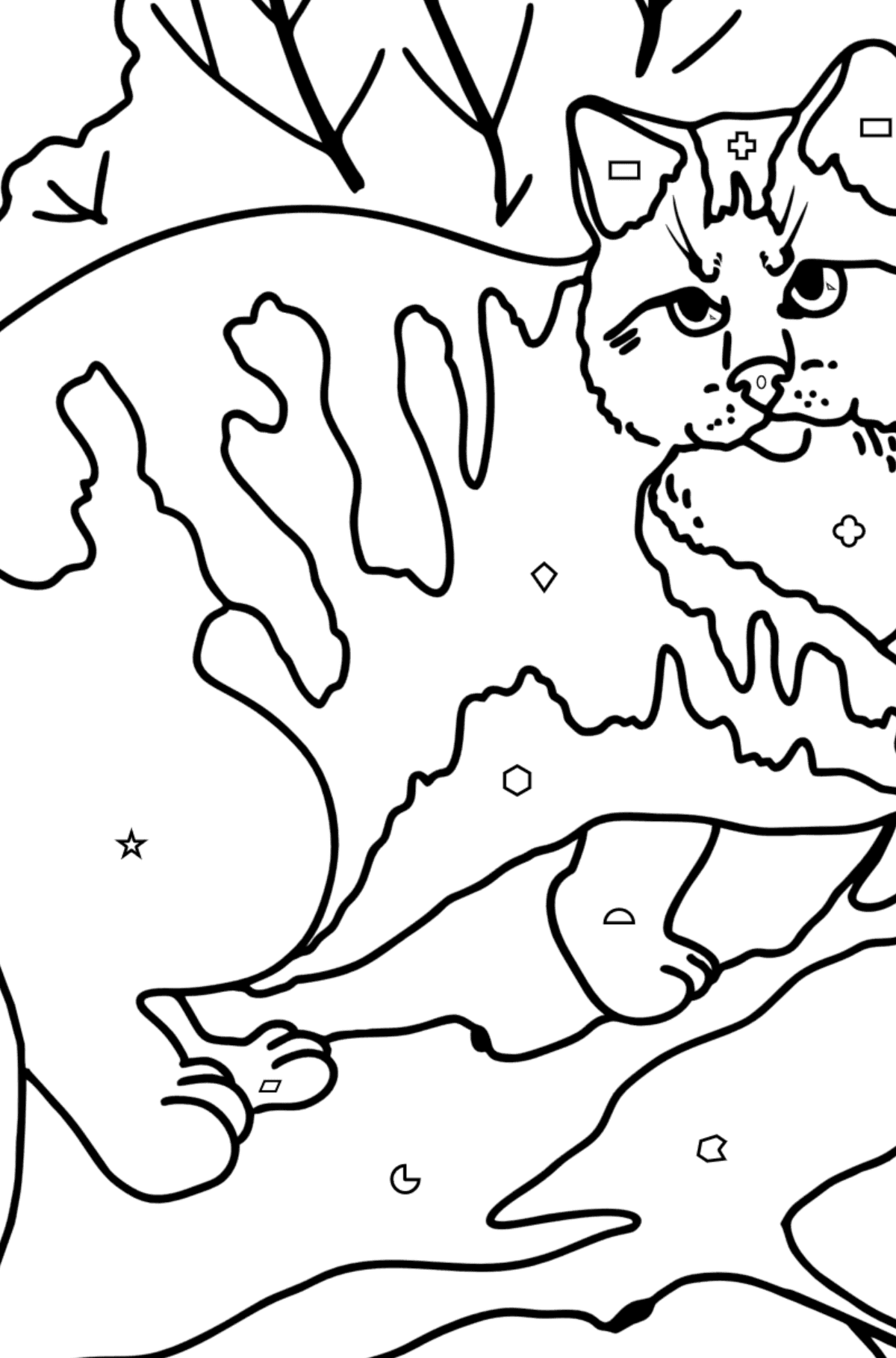 Kolorowanka Kot dzikiego lasu - Kolorowanie według figur geometrycznych dla dzieci