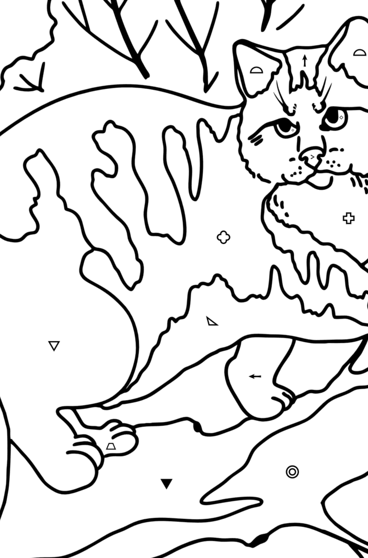 Kolorowanka Kot dzikiego lasu - Kolorowanie według symboli i figur geometrycznych dla dzieci