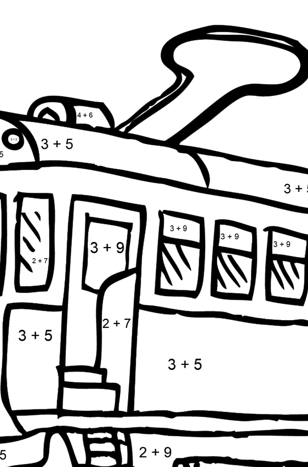 Dibujo para Colorear - Un Tranvía está Aburrido - Colorear con Matemáticas - Sumas para Niños