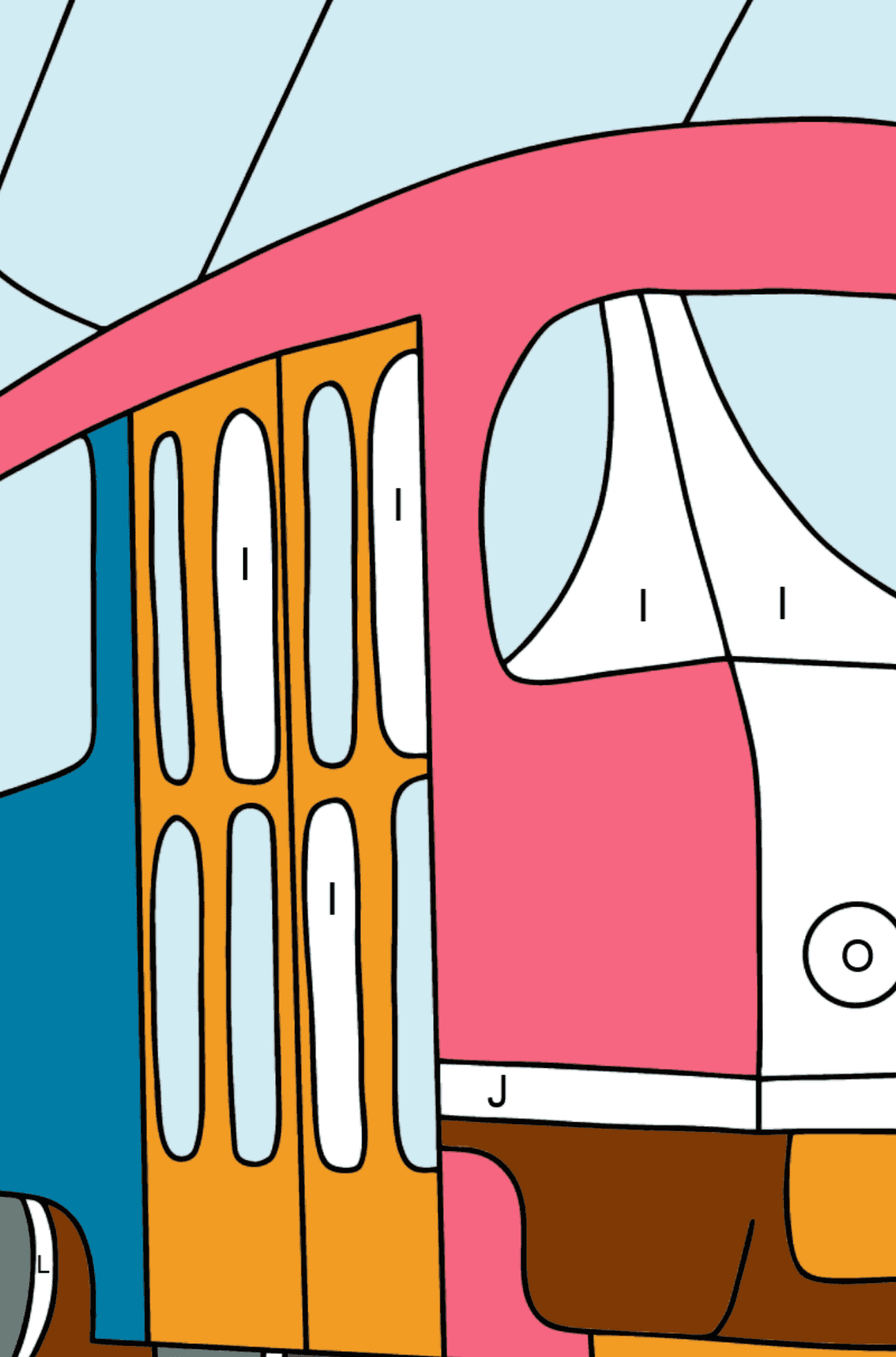 Coloriage - Un tramway fait une pause - Coloriage par Lettres pour les Enfants
