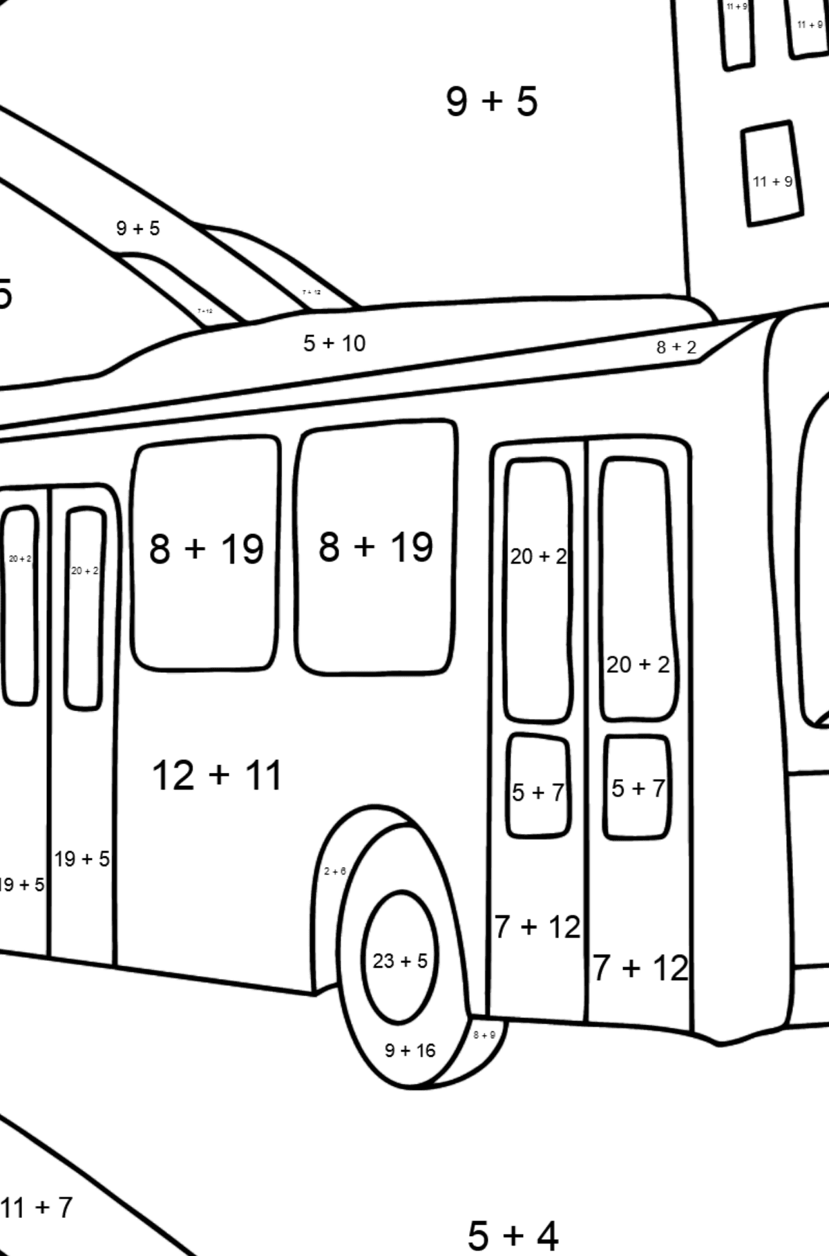 Coloriage - Un trolleybus traverse la ville - Coloriage Magique Addition pour les Enfants