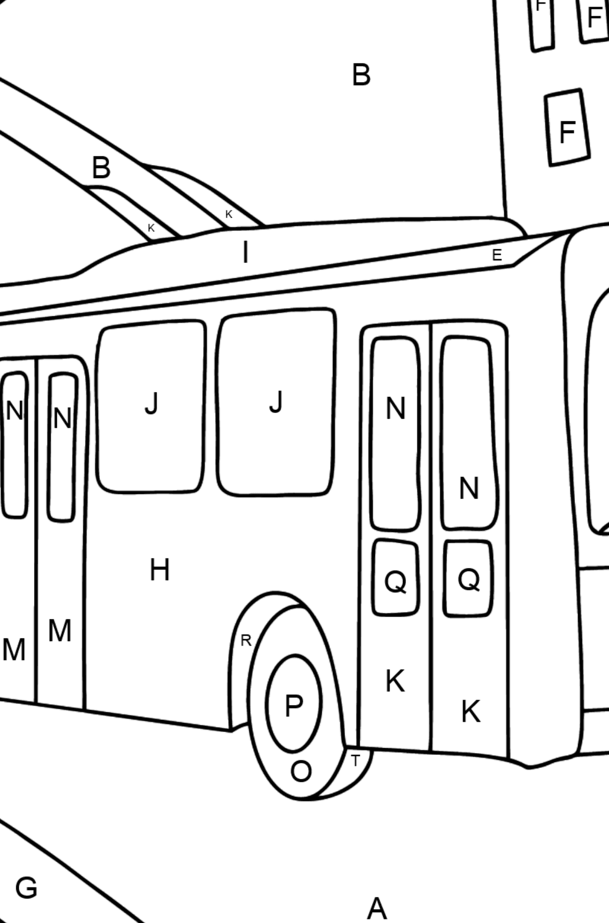 Coloriage - Un trolleybus traverse la ville - Coloriage par Lettres pour les Enfants