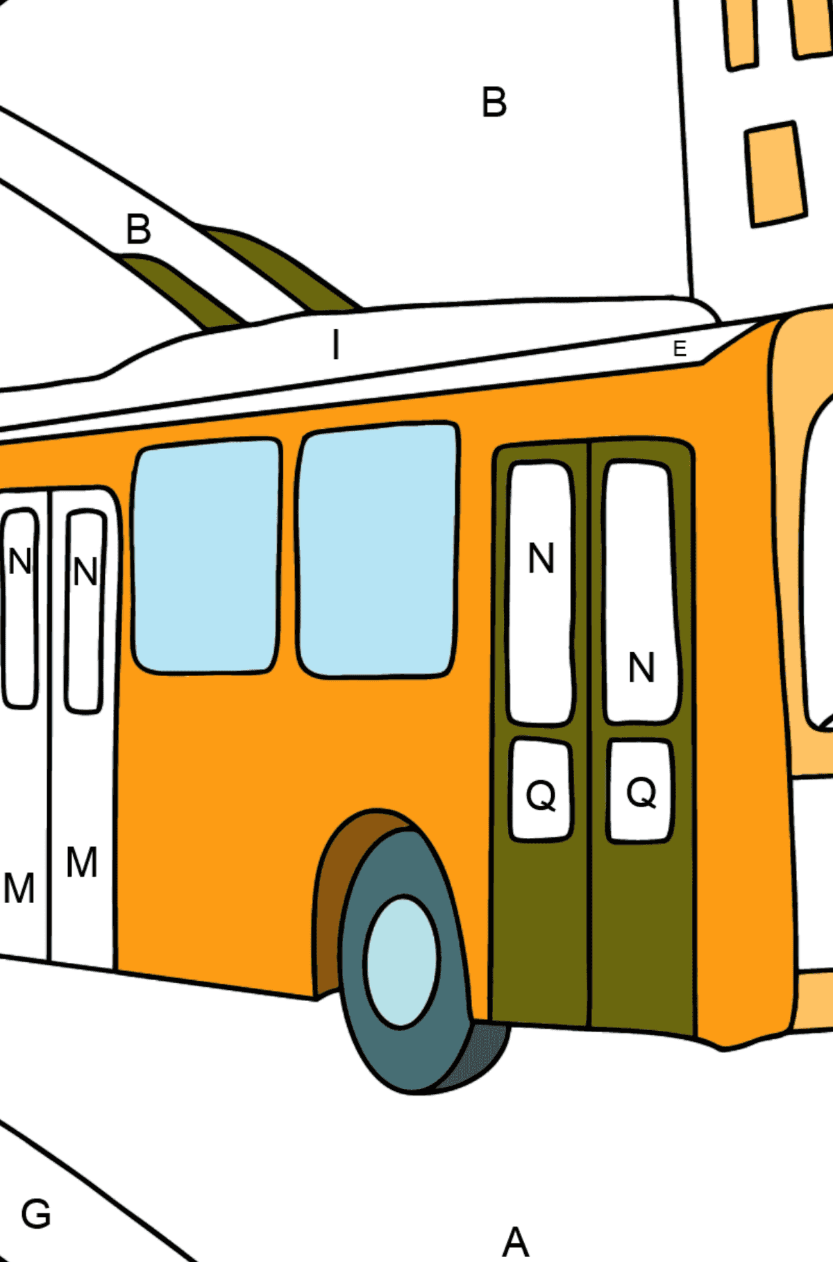Coloriage - Un trolleybus traverse la ville - Coloriage par Lettres pour les Enfants